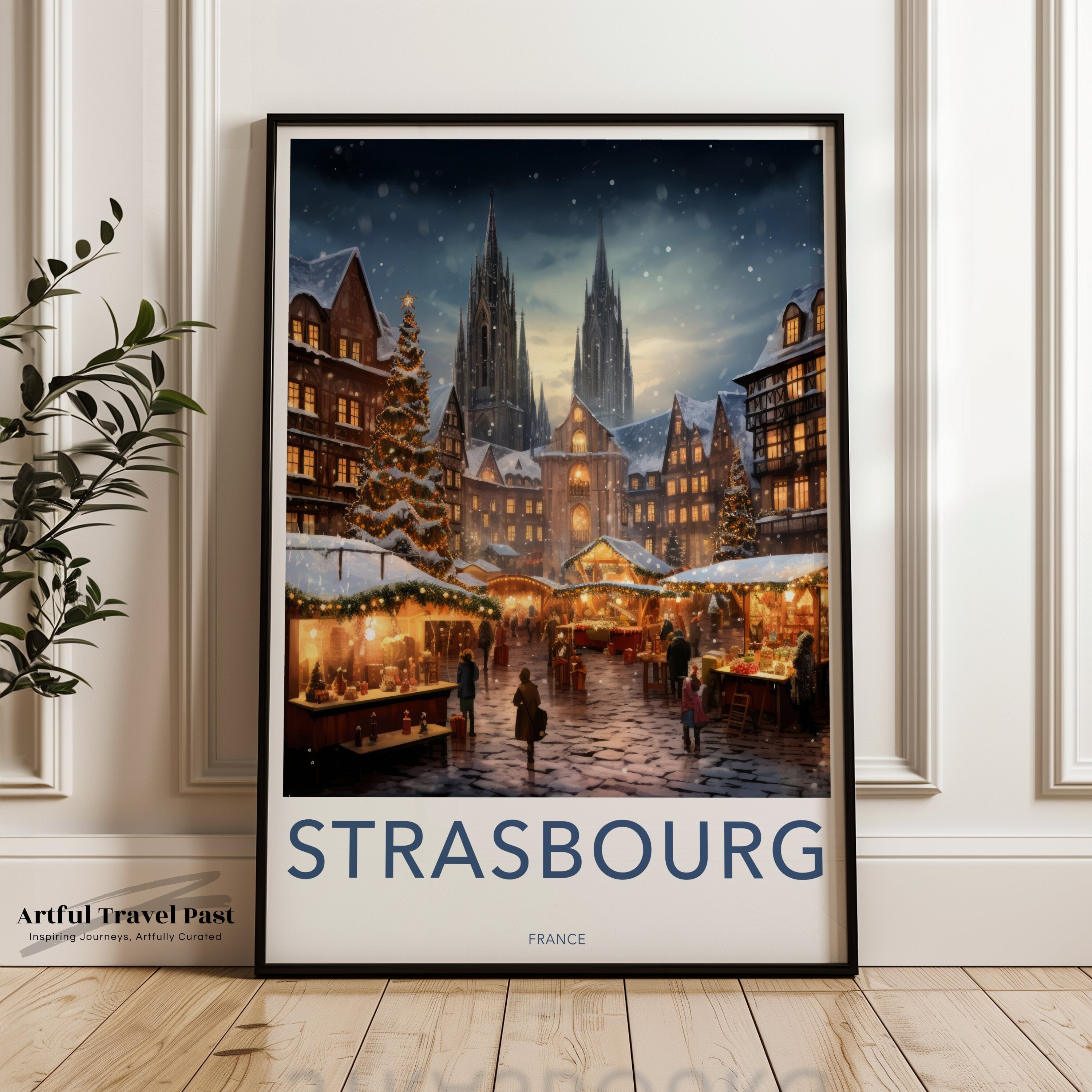 Strasbourg Wall Art, European Cityscape Print, Historic Christmas Market, Snowy Winter Scene, Gothic Cathedral, France Travel Decor