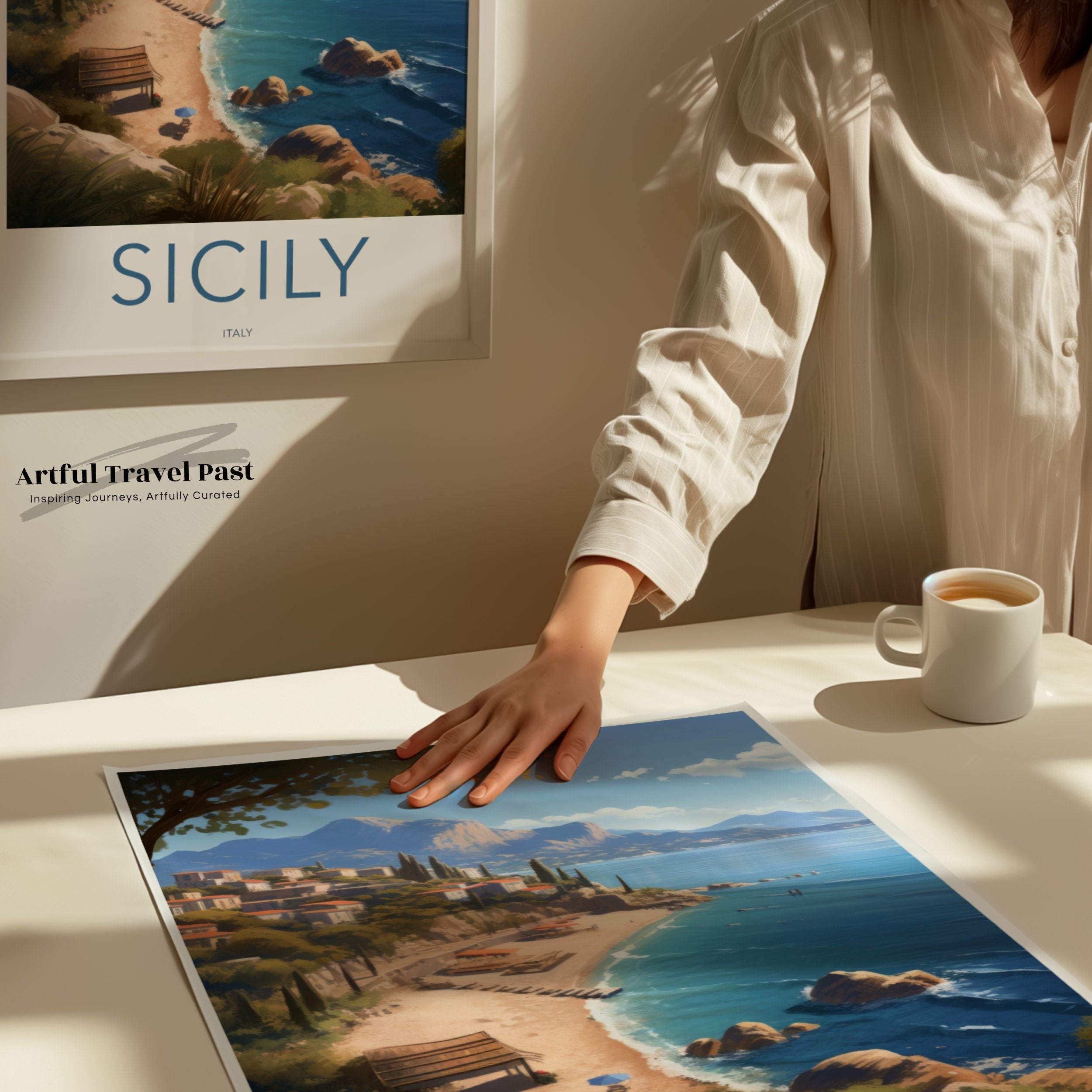 Sicily Italy Coastal View Wall Art, Mediterranean Landscape Artwork, Beach and Mountain Scene, Italian Seaside Decor