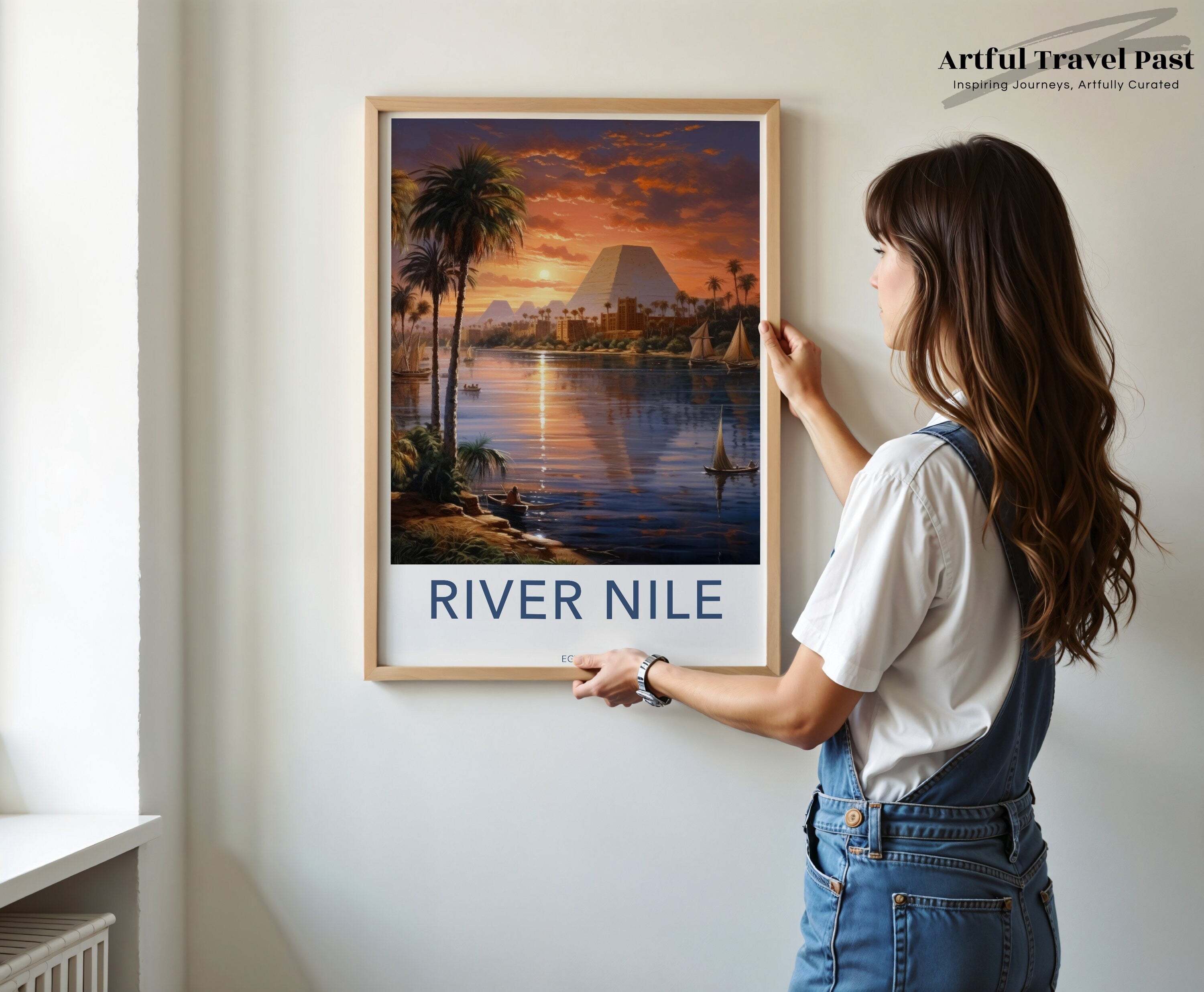 River Nile Wall Art Print, Sunset over River Nile, Egypt Wall Decor, Pyramids and Palm Trees Art, Egyptian Cultural Landmarks Poster