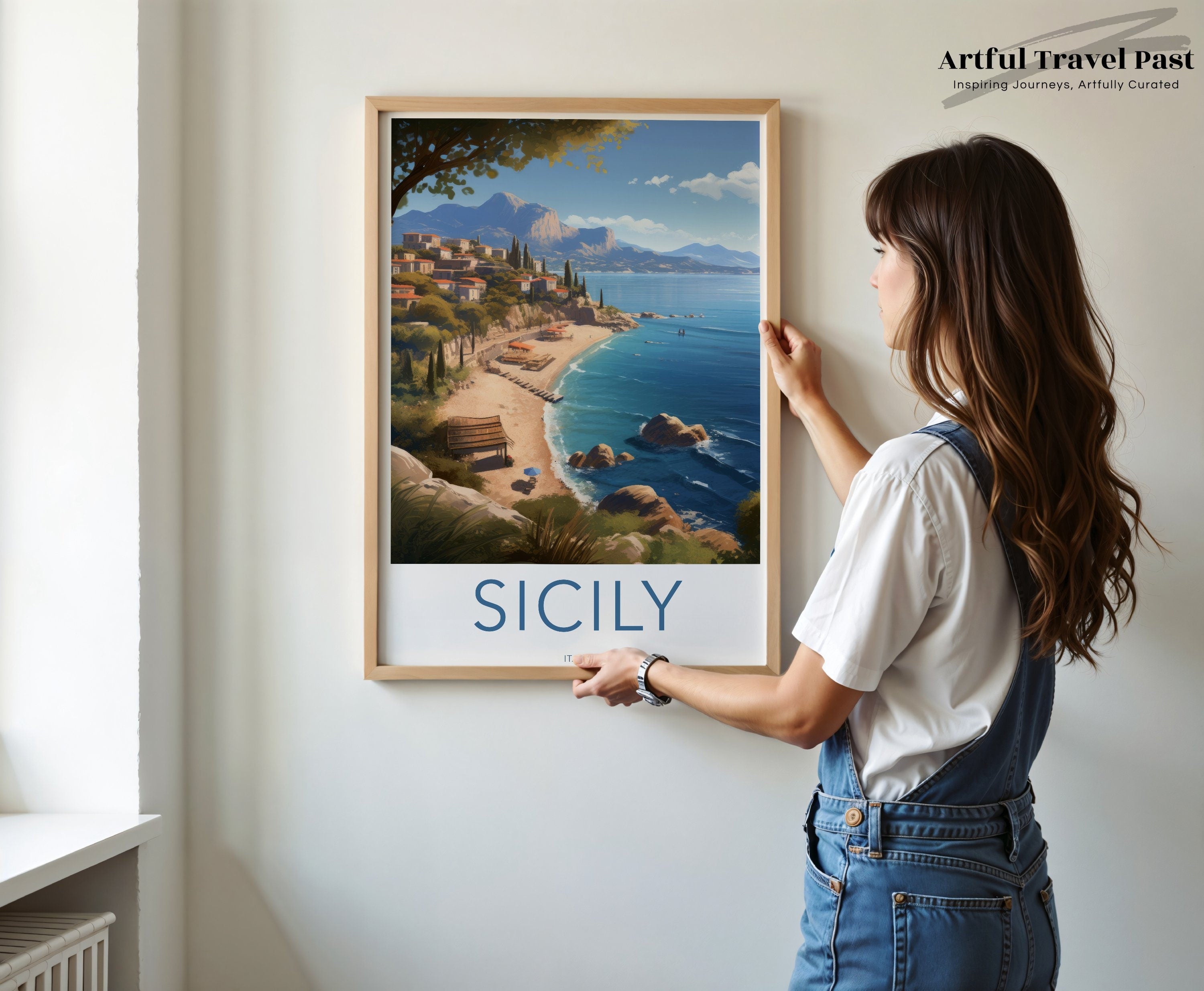 Sicily Italy Coastal View Wall Art, Mediterranean Landscape Artwork, Beach and Mountain Scene, Italian Seaside Decor