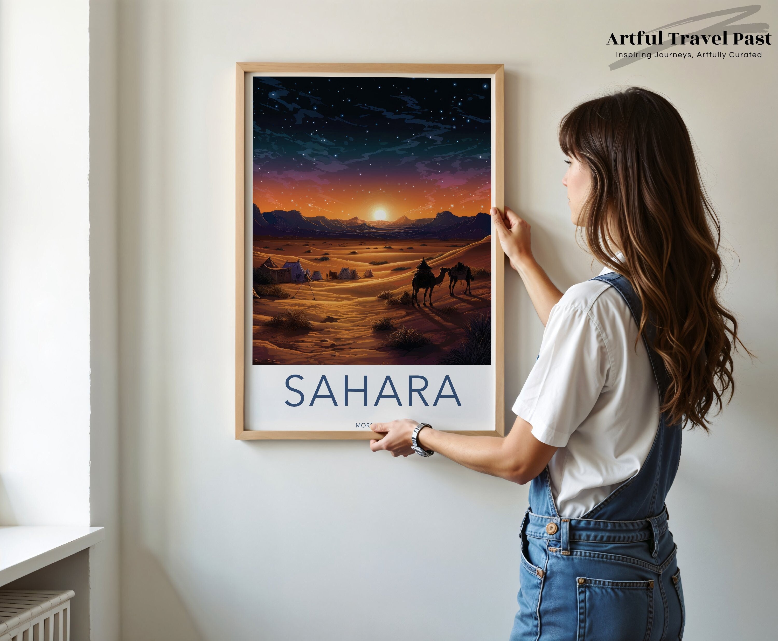 Sahara Desert Wall Art, Sunset Camel Caravan Poster, Moroccan Desert Landscape Print, Starry Night Photography, Bohemian Home Decor