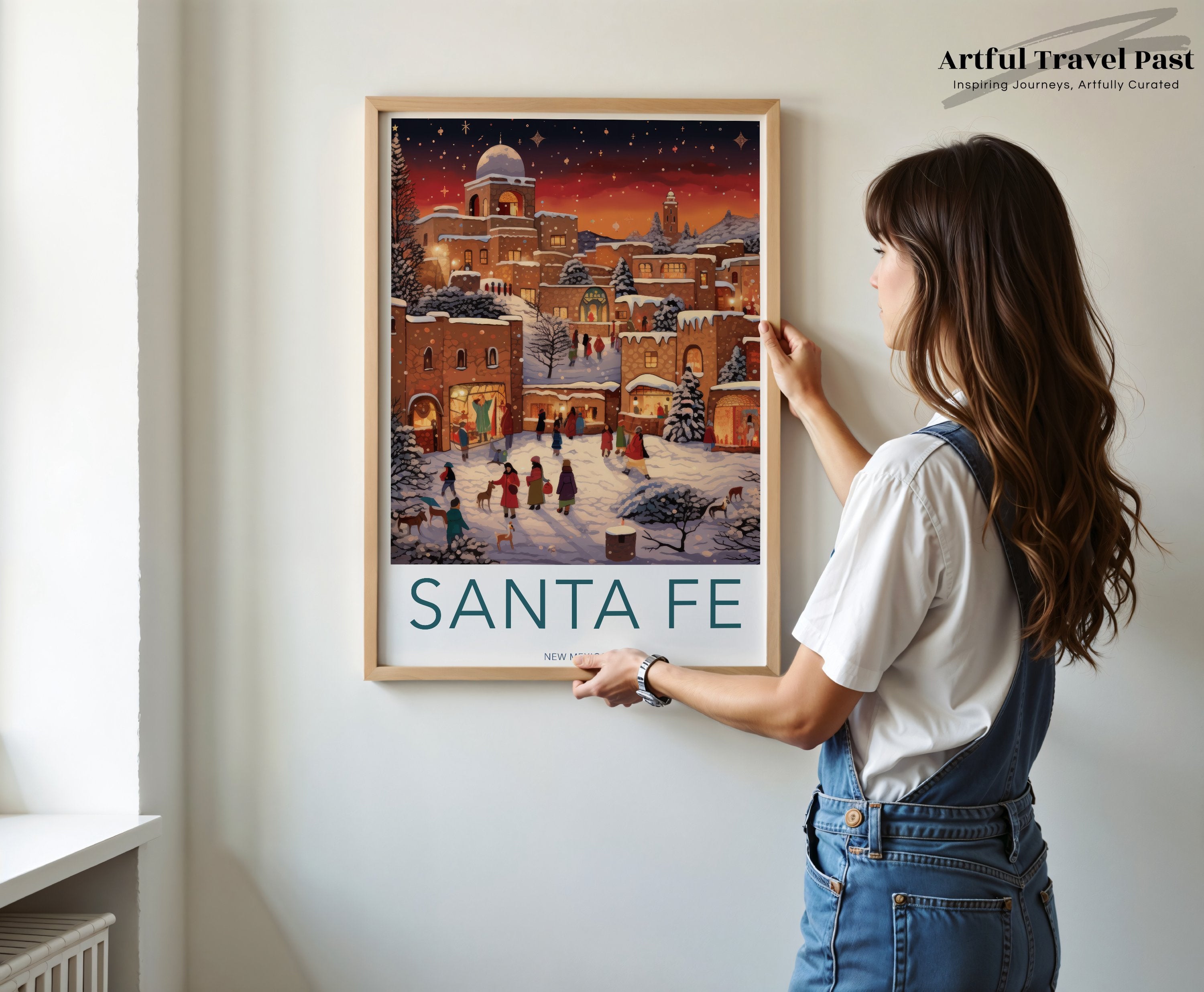 Santa Fe Wall Art Print, New Mexico Winter Wonderland, Christmas Holiday Decor, Snowy Village Scene, Winter Landscape Poster