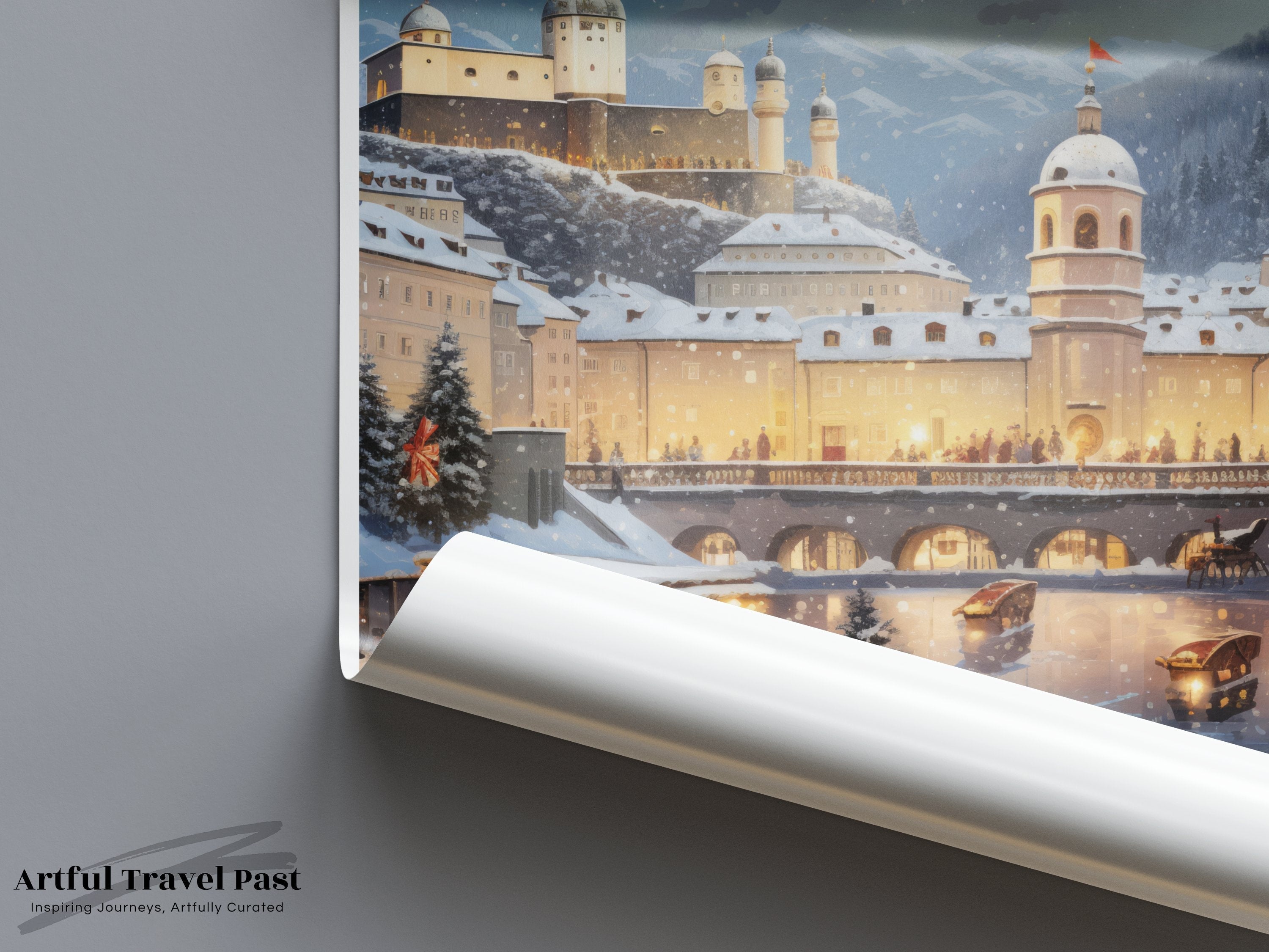 Salzburg Austria Winter Wonderland Night Scene Wall Art, Stunning Historical and Cultural Landmark, Snowy Town with Mountain Backdrop