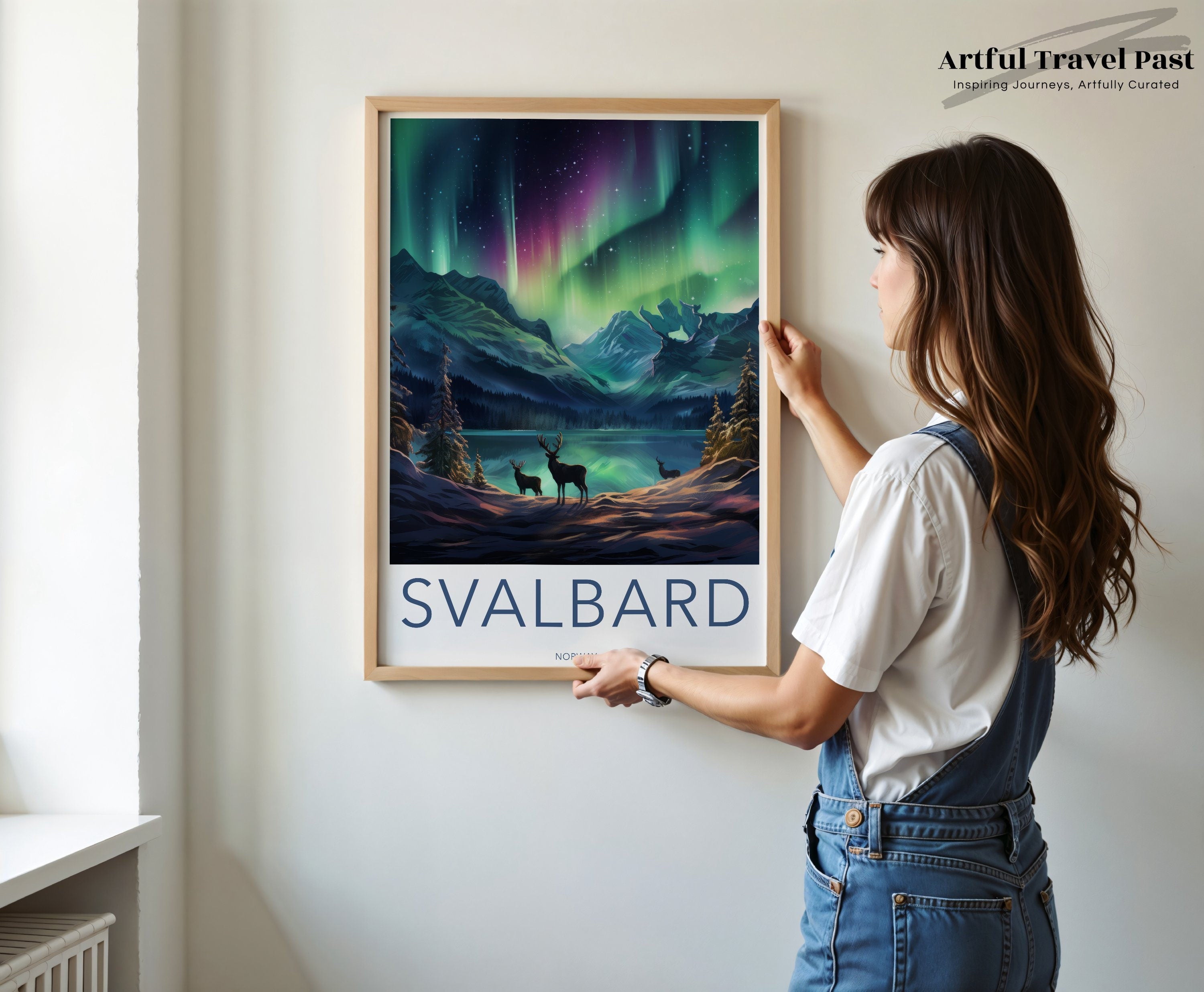 Northern Lights Wall Art, Nature Landscape Print, Aurora Borealis Decor, Scandinavian Night Sky, Svalbard Norway Poster, Stag Deer Scene