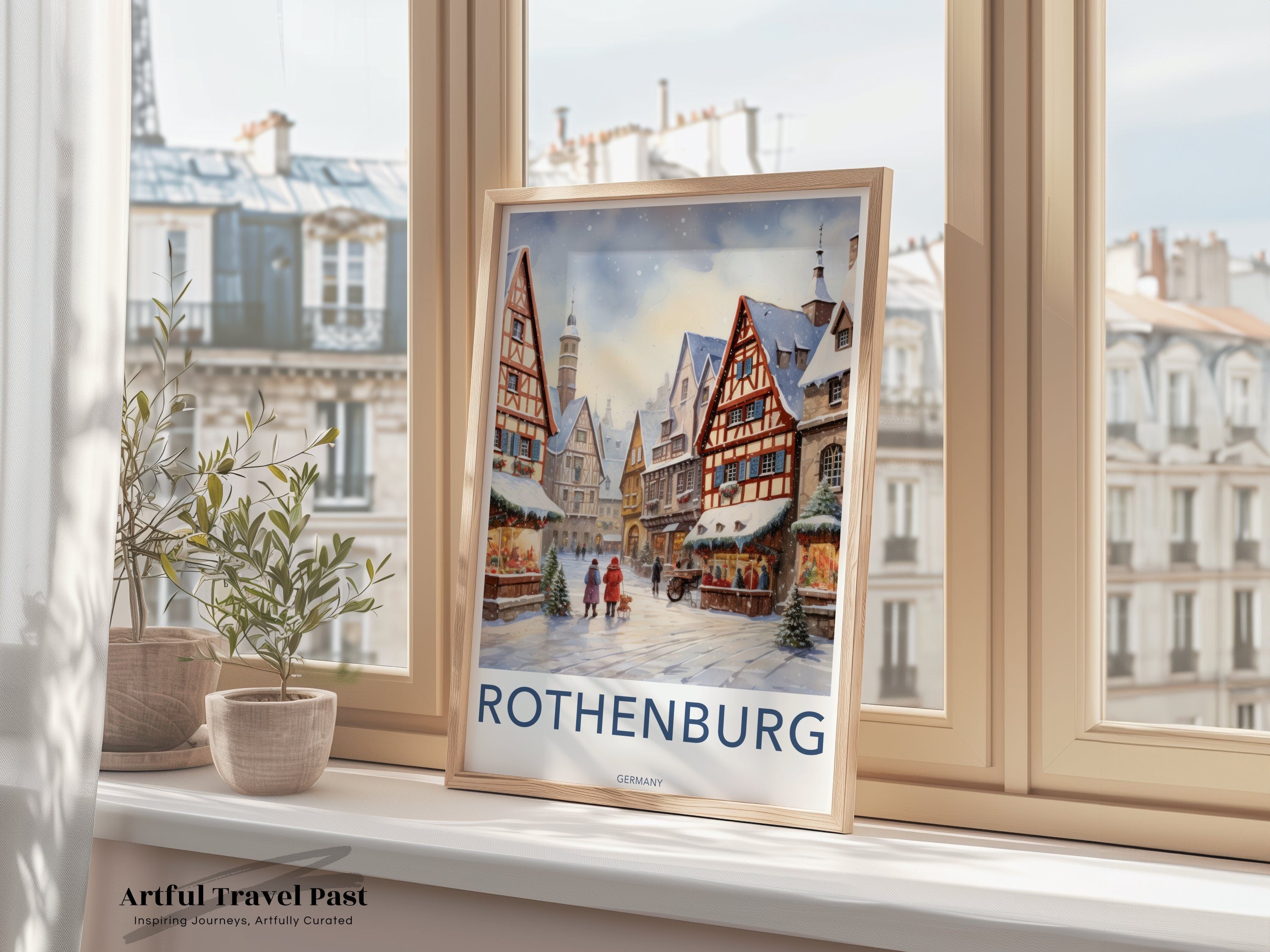 Rothenburg Wall Art, German Village Print, Vintage European Town Scene, Winter Snow Street, Historical Architecture, Holiday Decor