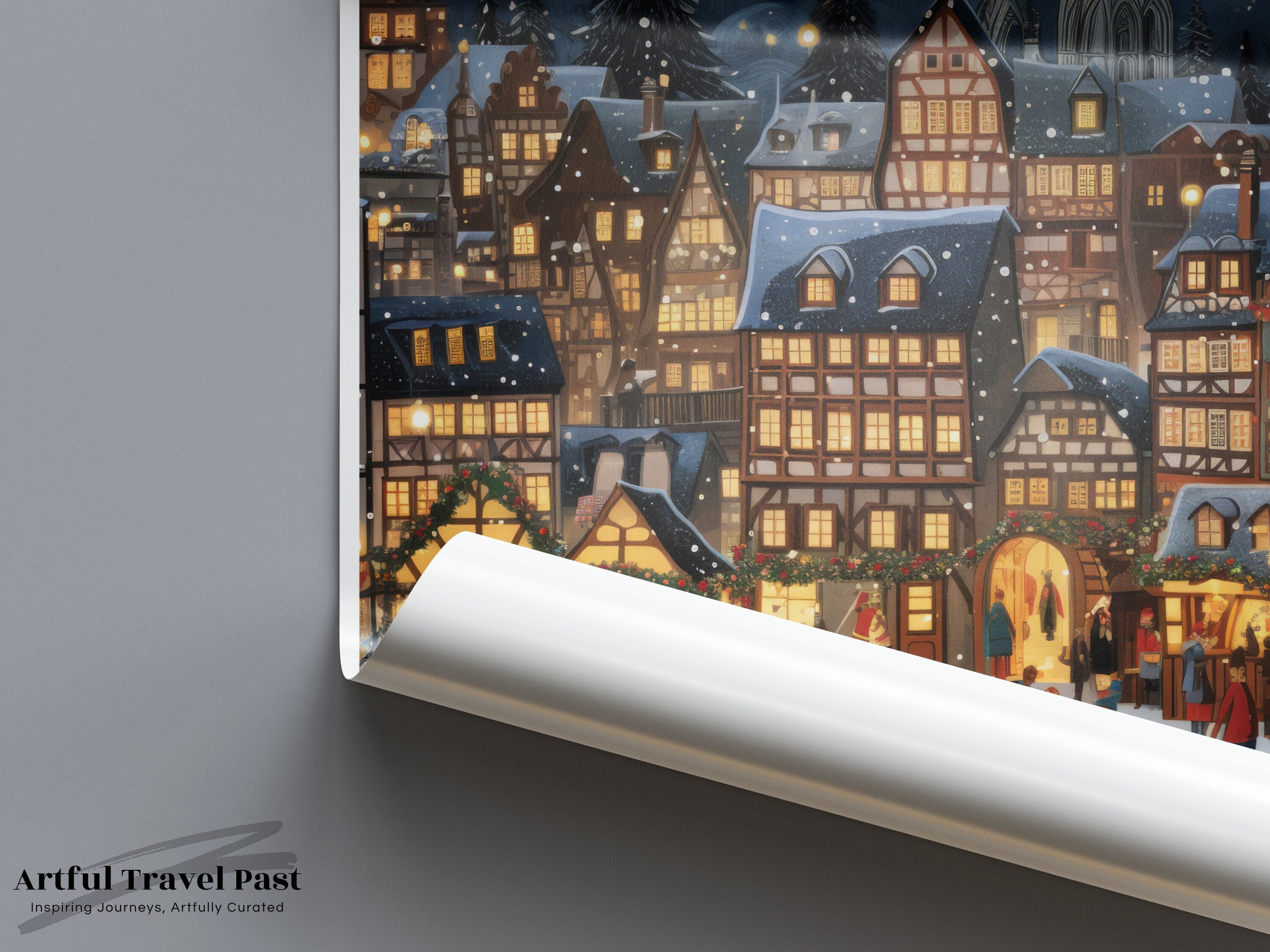 Strasbourg Wall Art, Historic Cityscape Illustration, Winter Night Scene, Festive Holiday Decor, European Architecture Print