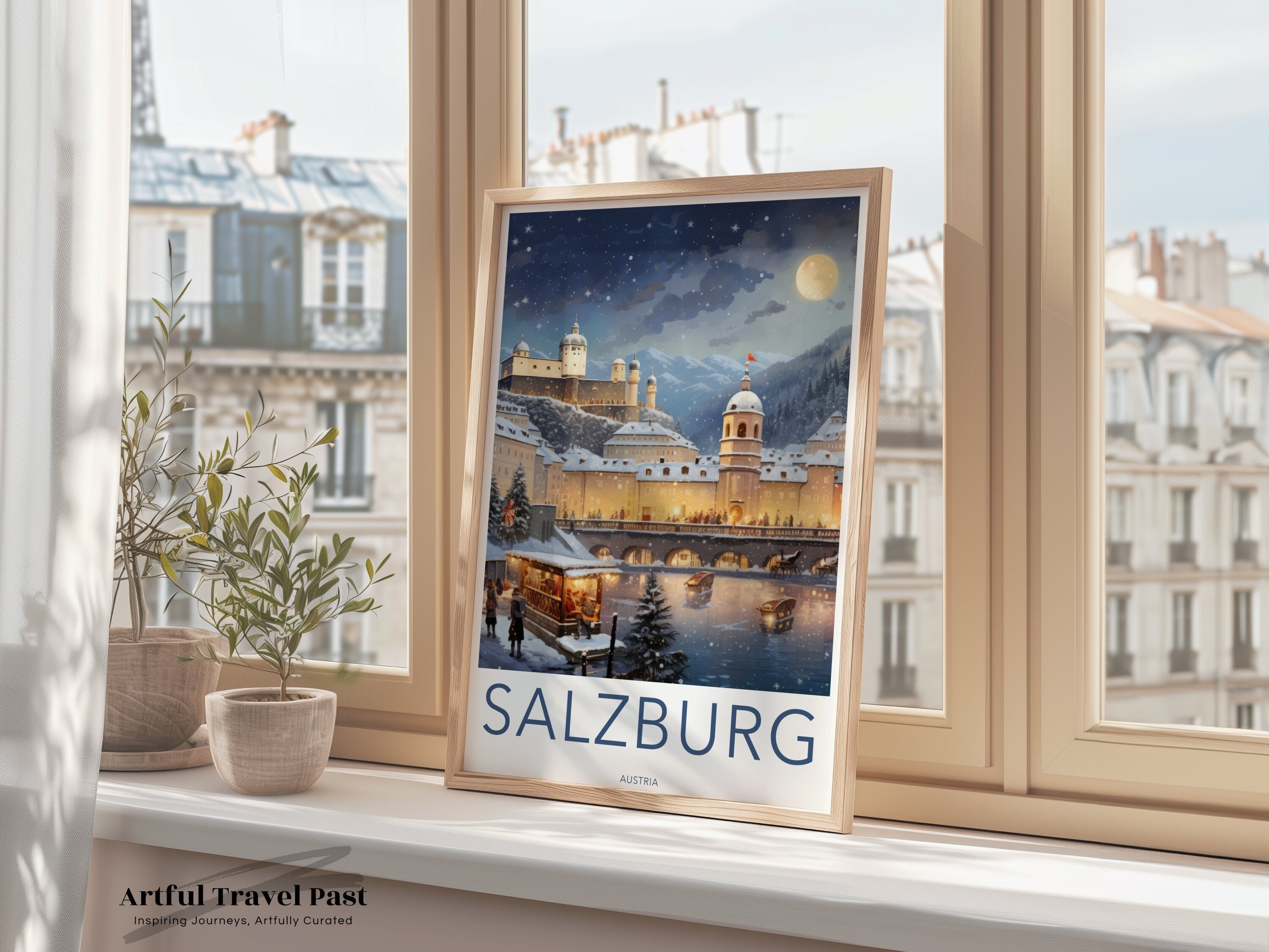 Salzburg Austria Winter Wonderland Night Scene Wall Art, Stunning Historical and Cultural Landmark, Snowy Town with Mountain Backdrop