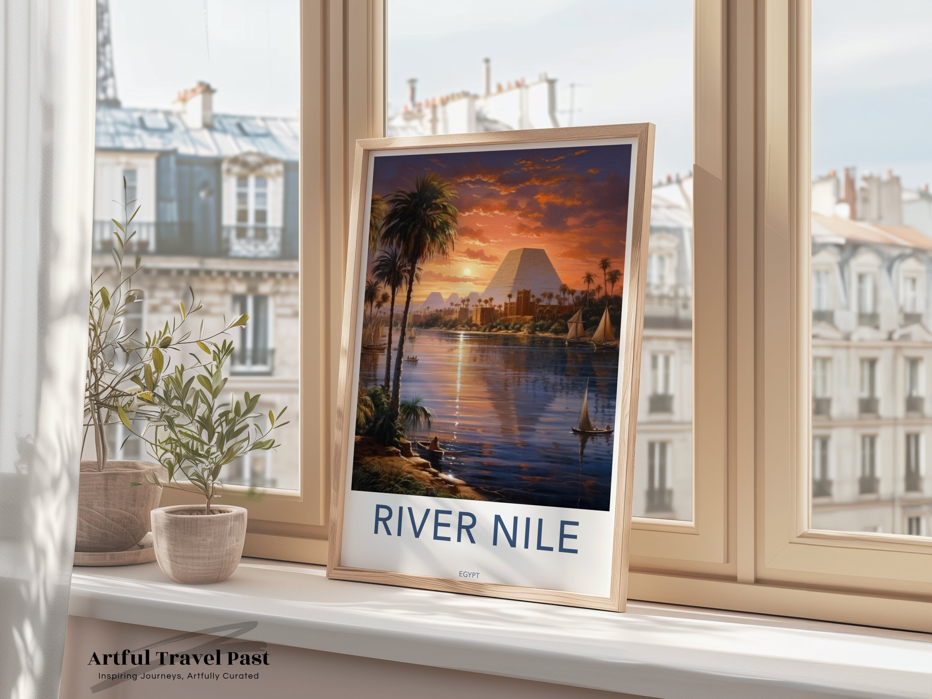 River Nile Wall Art Print, Sunset over River Nile, Egypt Wall Decor, Pyramids and Palm Trees Art, Egyptian Cultural Landmarks Poster