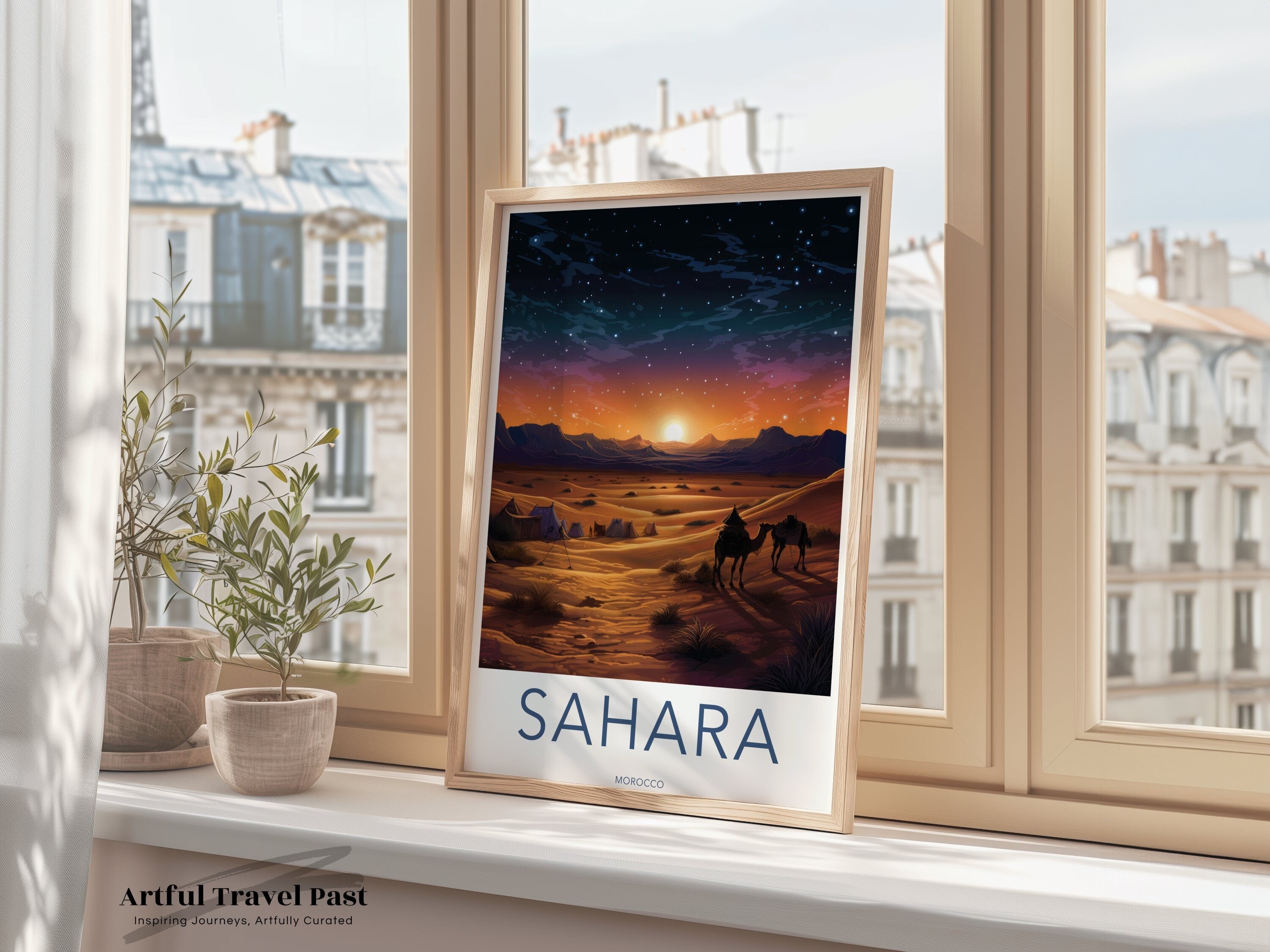 Sahara Desert Wall Art, Sunset Camel Caravan Poster, Moroccan Desert Landscape Print, Starry Night Photography, Bohemian Home Decor