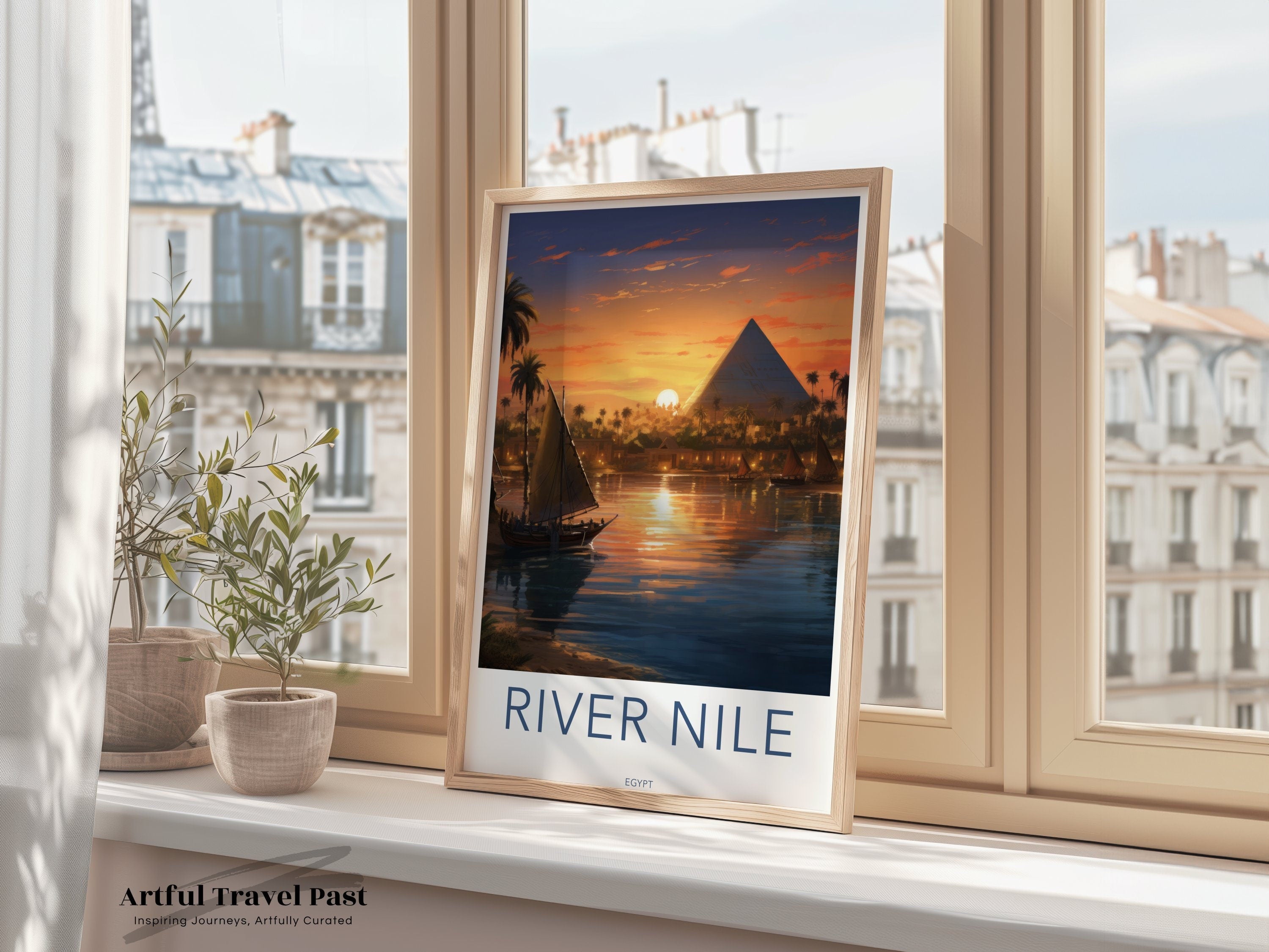 River Nile Egypt Wall Art, Pyramid at Sunset, Egyptian Landscape Poster, Ancient Egypt Decor Print, Pyramid Scenery