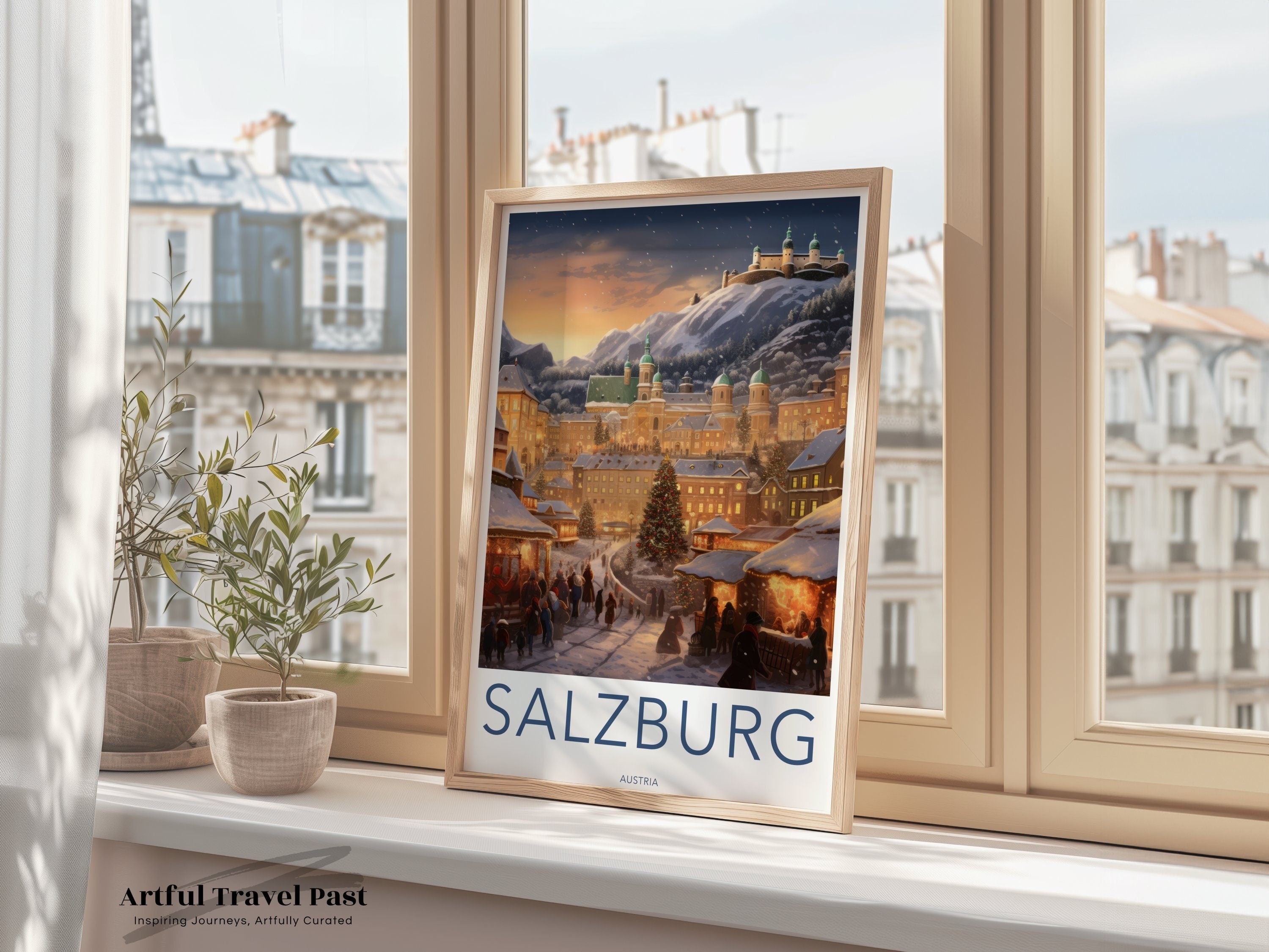 Salzburg Austria Winter Wonderland Wall Art, Christmas Market Illustration Print, Romantic Snowy Townscape Artwork, Historical City Scene