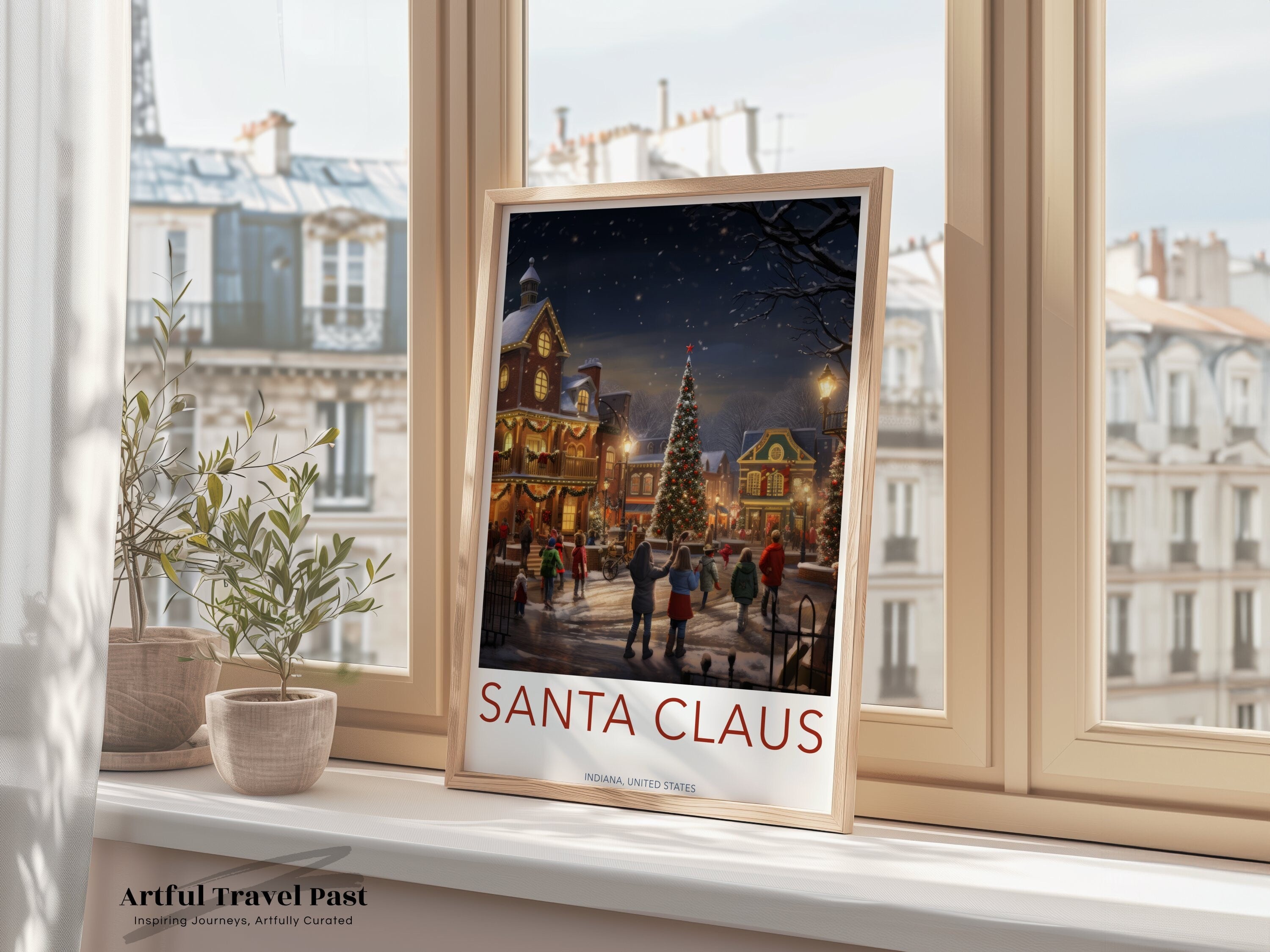 Santa Claus Indiana Christmas Scene Wall Art, Holiday Town Square Print, Festive Winter Night Poster, Christmas Decor Artwork