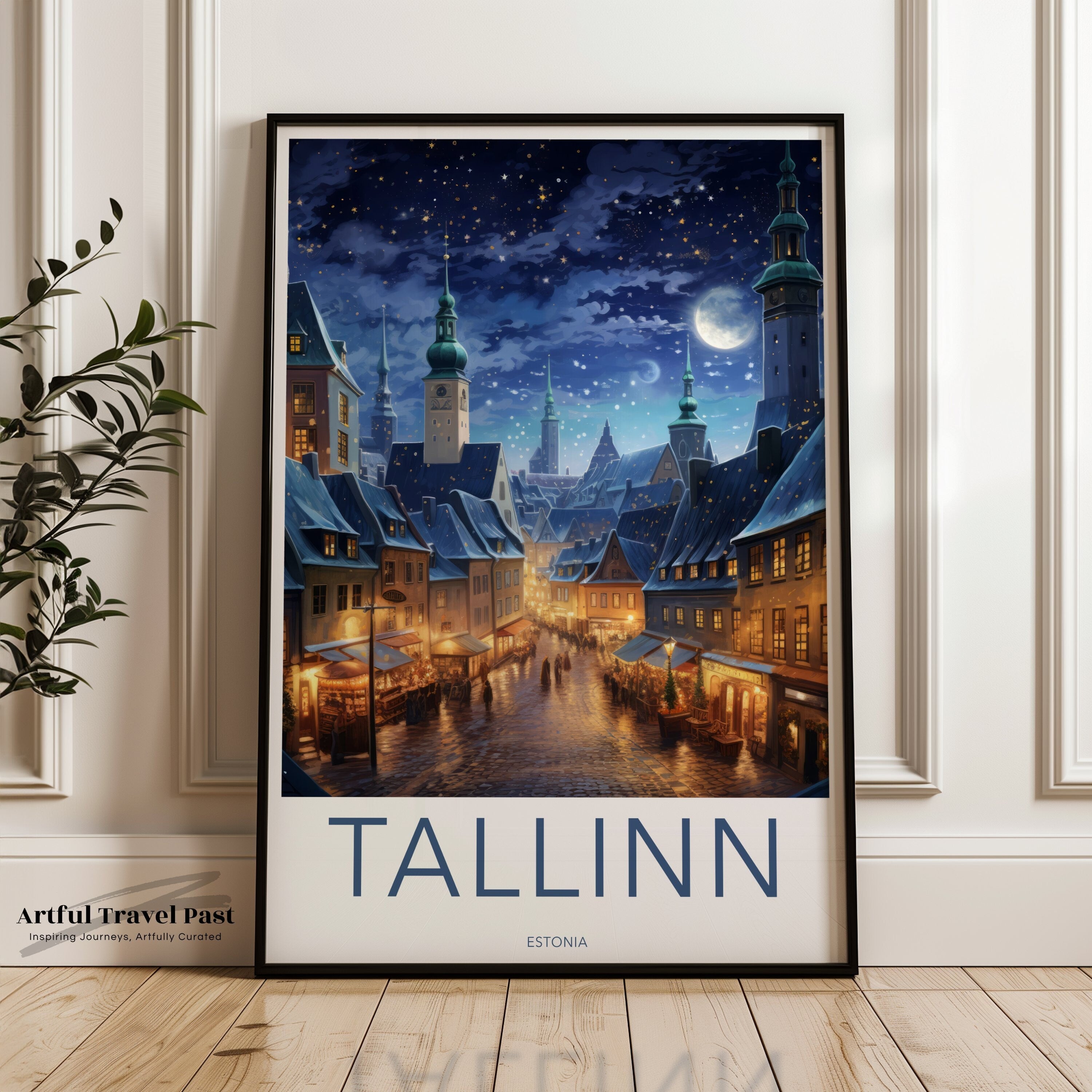 Tallinn Wall Art, Night Cityscape Poster, Estonia Travel Print, Historic European Architecture, Scenic Winter Artwork, City Lights Decor