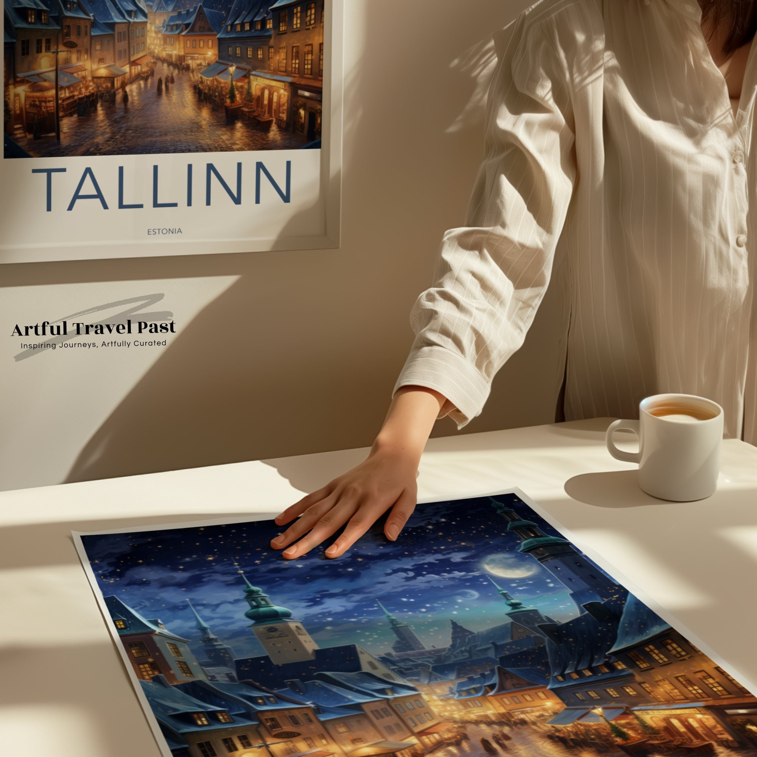 Tallinn Wall Art, Night Cityscape Poster, Estonia Travel Print, Historic European Architecture, Scenic Winter Artwork, City Lights Decor