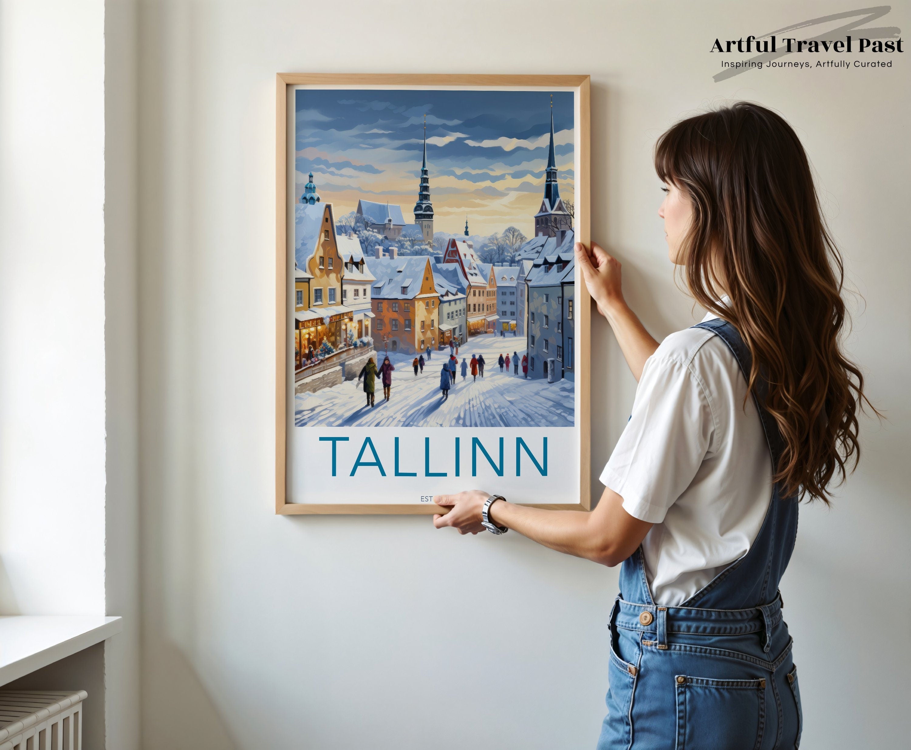 Tallinn Estonia Snowy Street Scene, Winter Wall Art, Historic European Cityscape, Colorful Architecture, Travel Poster, Gift for Travelers