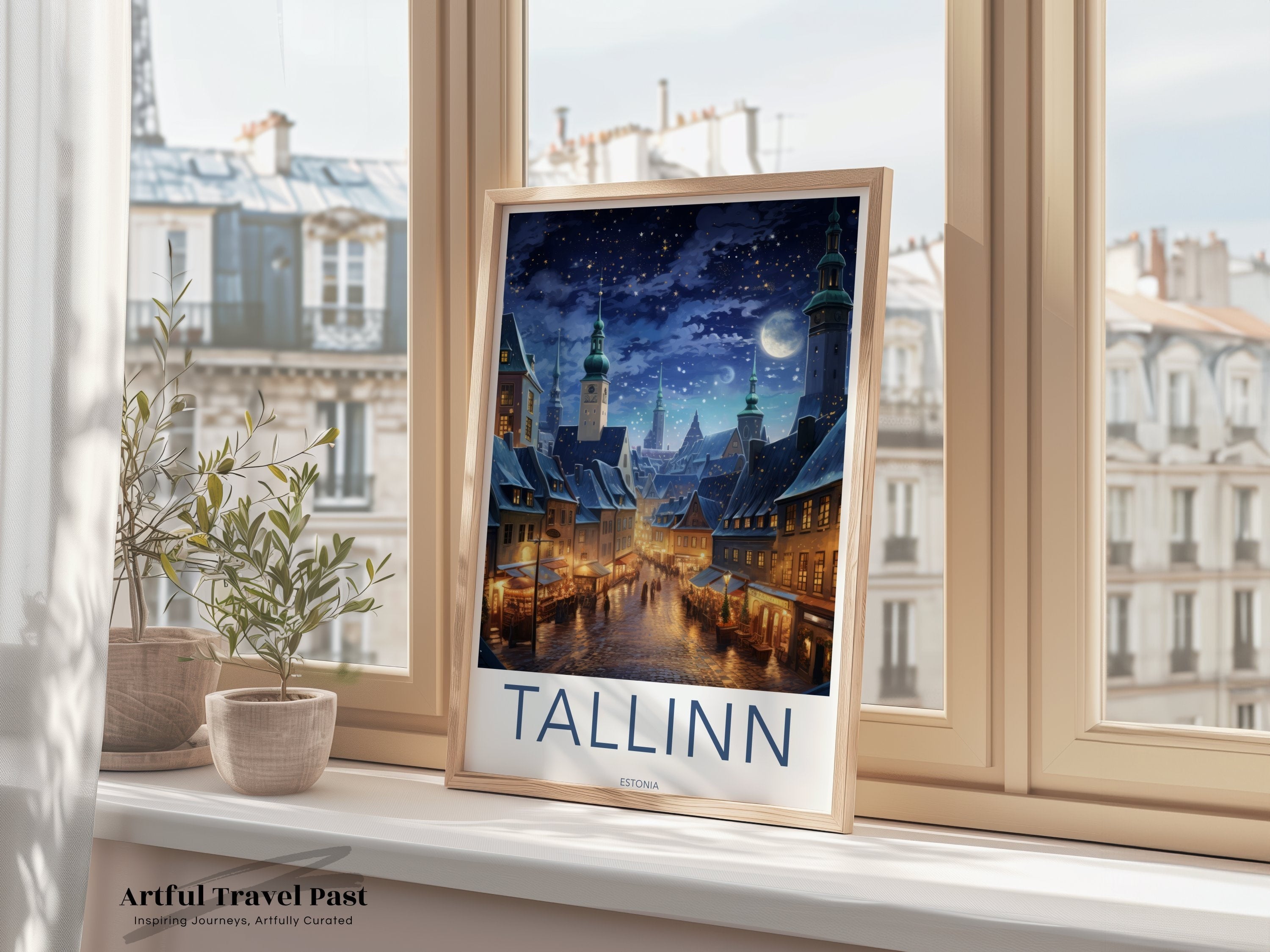 Tallinn Wall Art, Night Cityscape Poster, Estonia Travel Print, Historic European Architecture, Scenic Winter Artwork, City Lights Decor