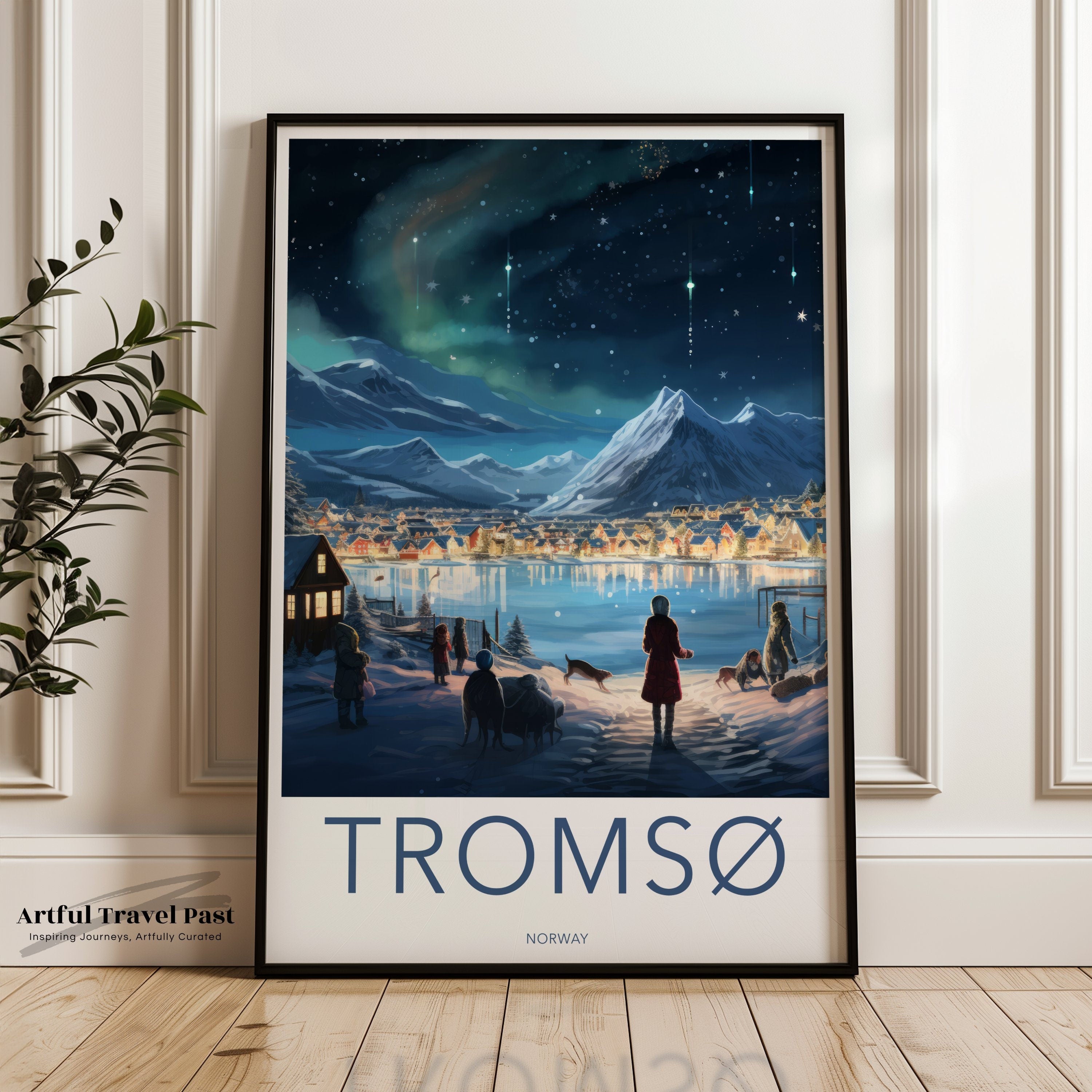 Tromsø Norway Night Scene, Northern Lights Winter Landscape, Scandinavian Village Wall Art, Arctic Home Decor, Winter Wonderland Print