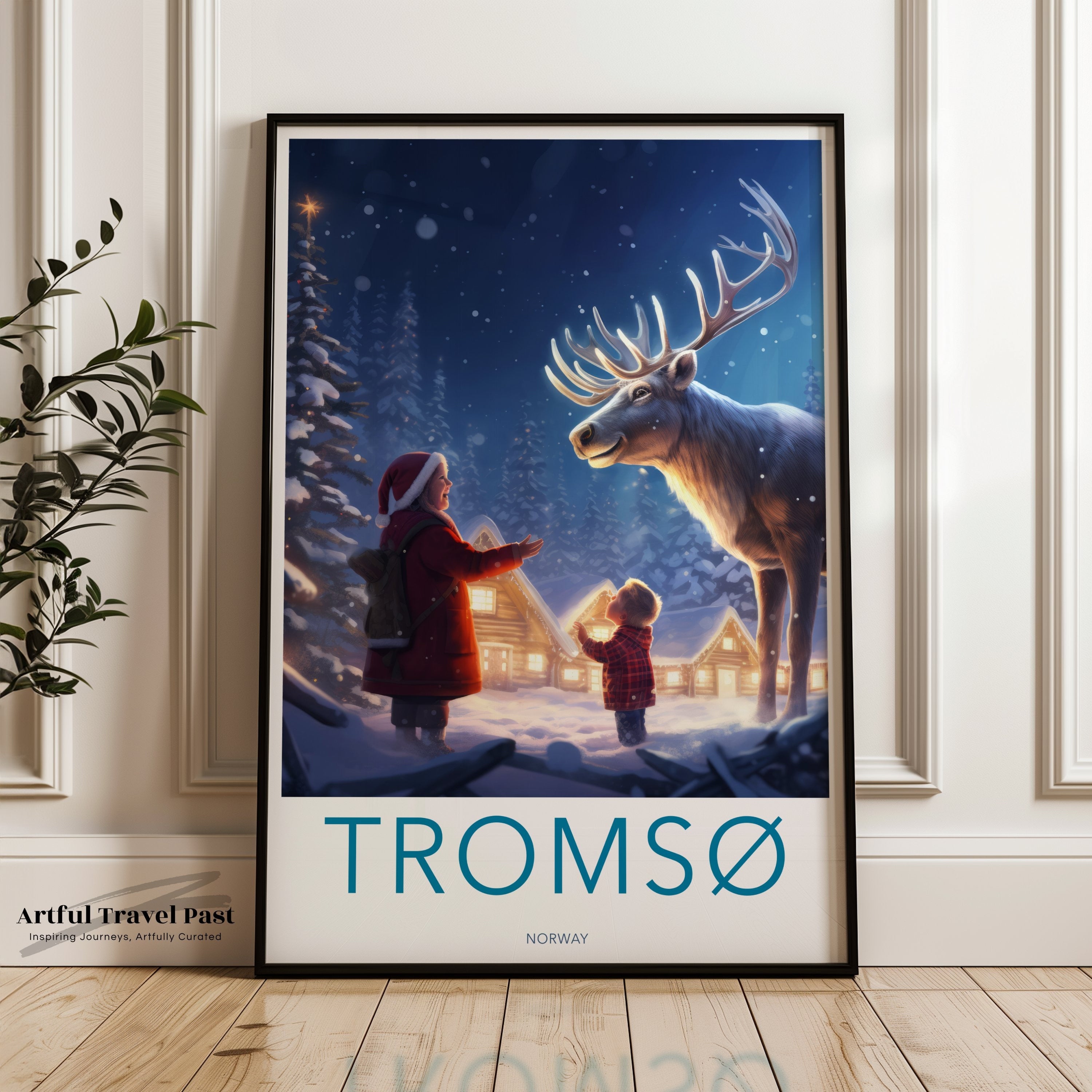 Tromsø Winter Wonderland Wall Art, Holiday Reindeer Scene, Christmas Nordic Print, Scandinavian Art, Cozy Log Cabins Poster