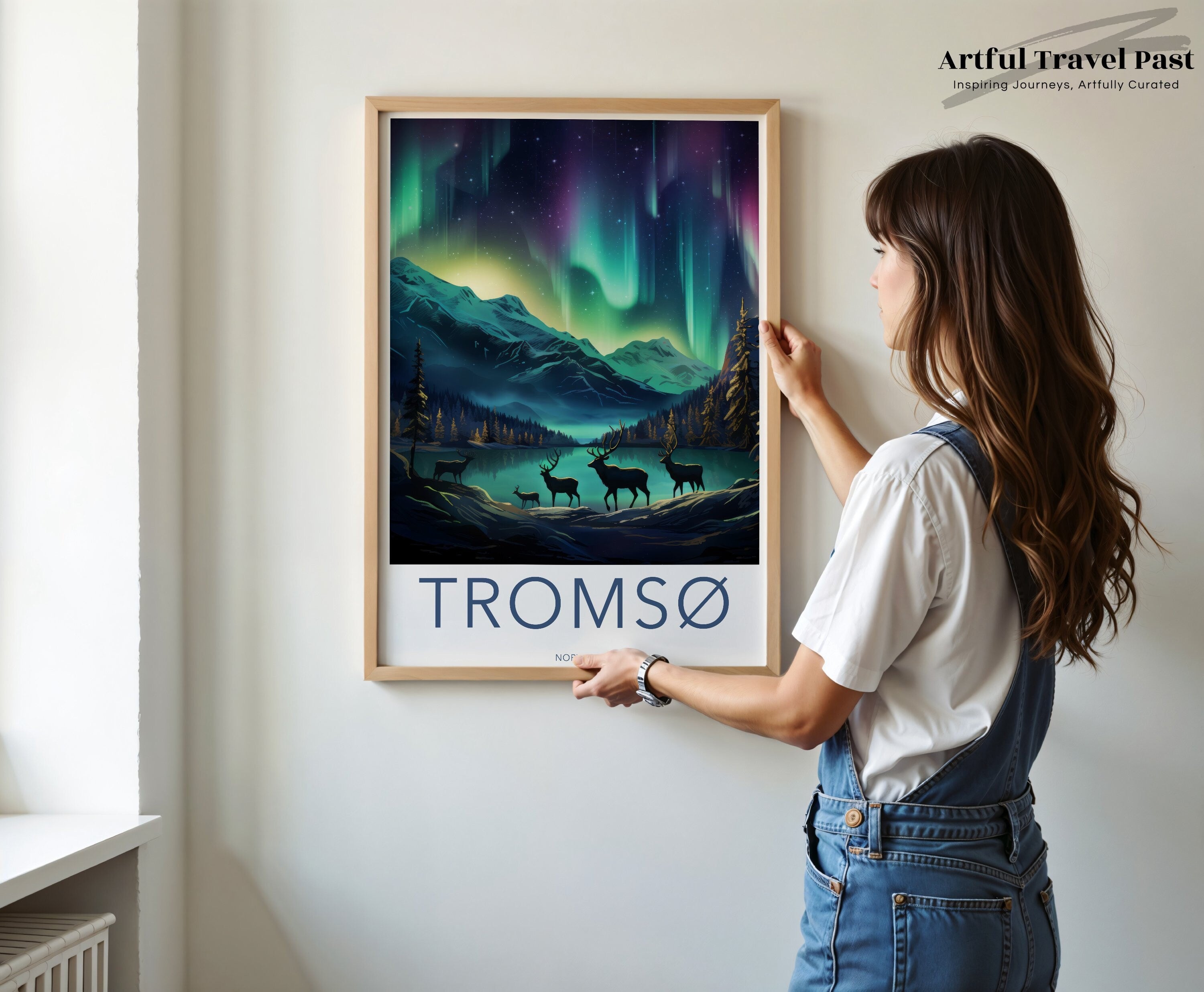 Tromsø Norway Wall Art, Northern Lights Night Sky Poster, Reindeer Landscape Print, Scandinavian Mountain Decor, Aurora Borealis Canvas