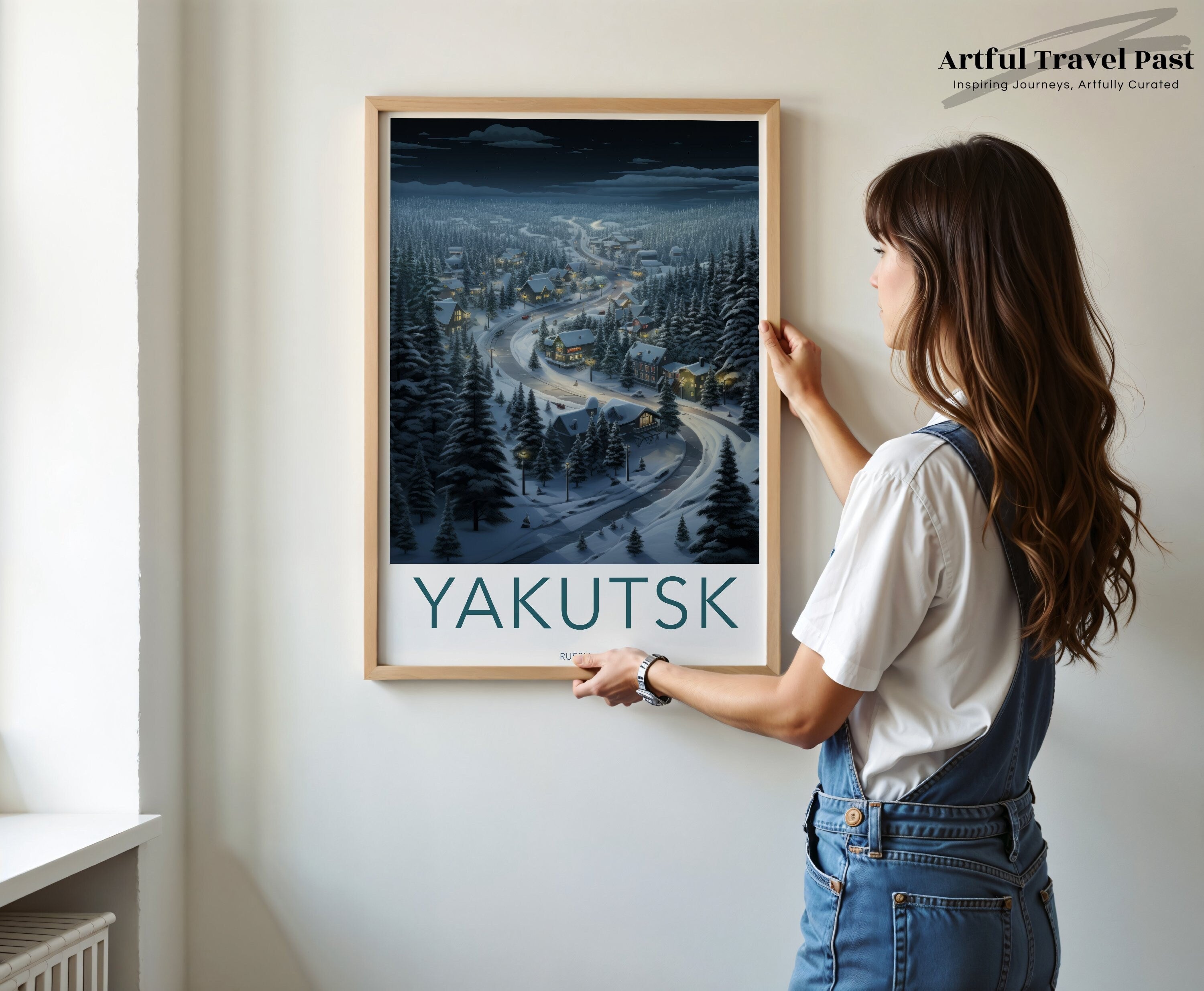 Yakutsk Russia Night Scenery Wall Art, Winter Landscape Print, Snowy Village Artwork, Cozy Home Decor, Holiday Gift Idea, Nature