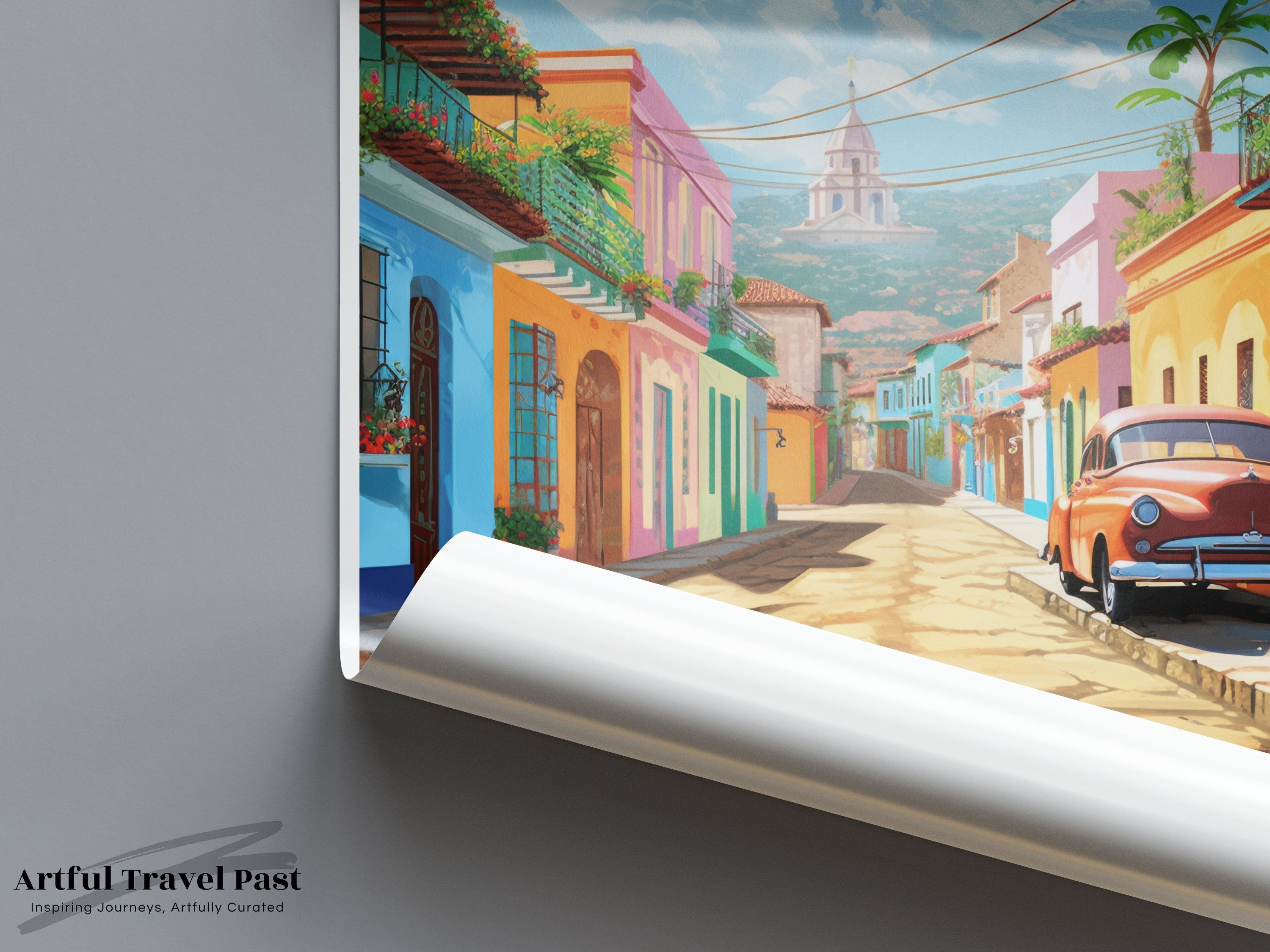 Vibrant Cuba Wall Art Trinidad Street Colorful Houses Vintage Car Cuban Cityscape Print Travel Decor Home Office