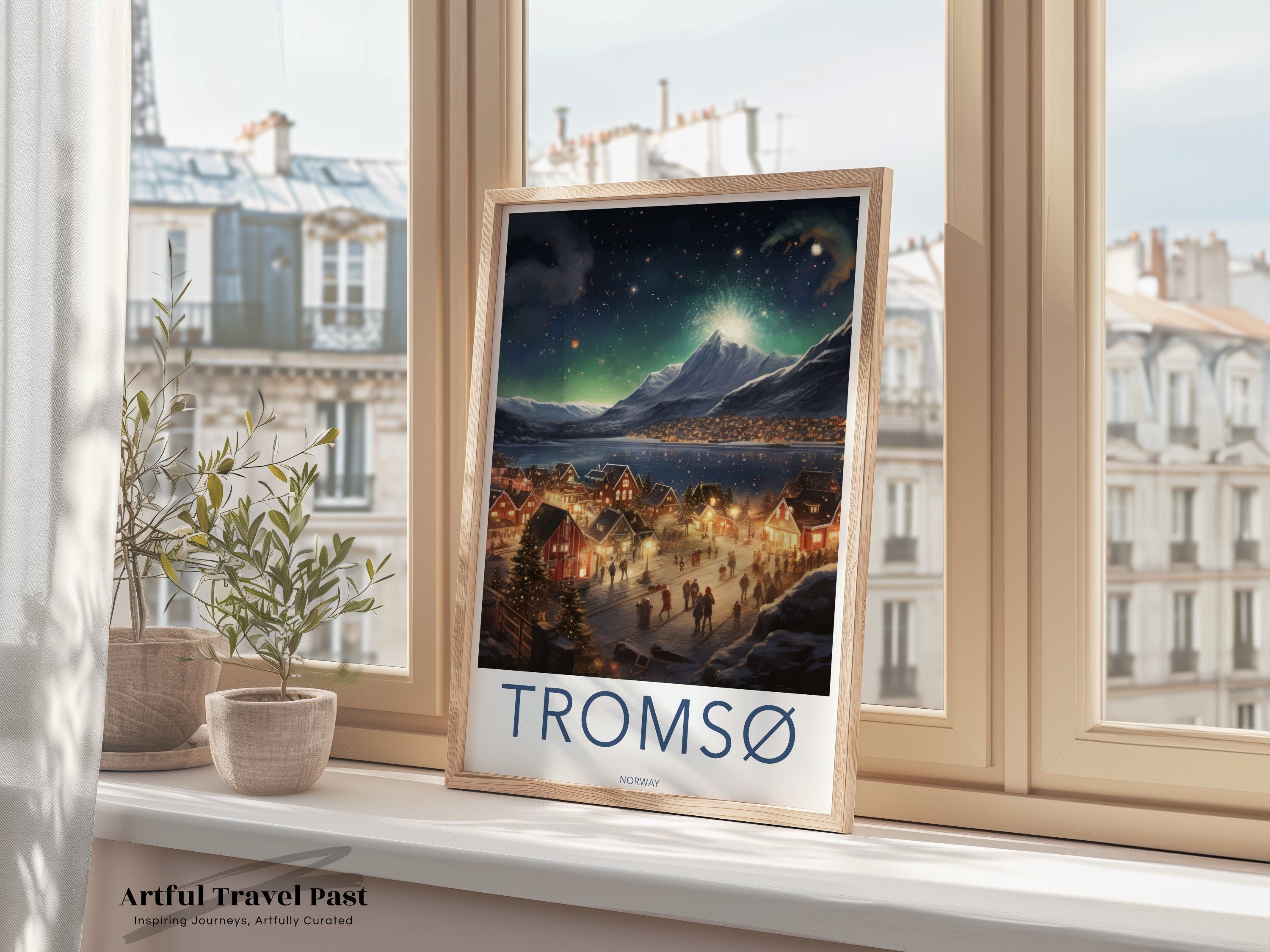 Tromsø Norway Winter Wonderland Nightscape Print, Holiday Decor, Scandinavian Art, Christmas Market Scene, Cozy Town Poster, Wall Art