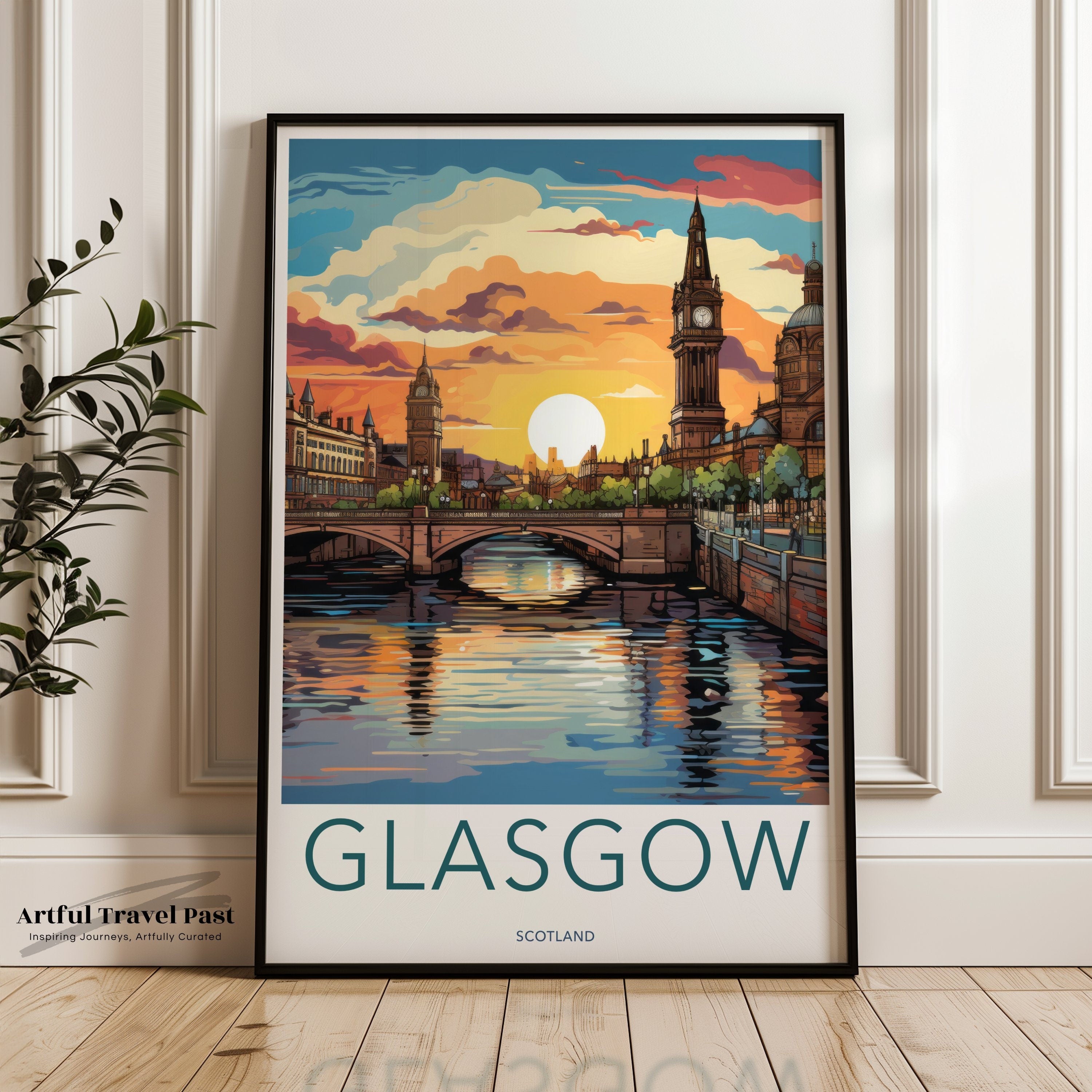 Glasgow Scotland Sunset Scenic Wall Art, Glasgow City Print, Sunset Cityscape Poster, Scotland Travel Decor, Glasgow Landmark Art