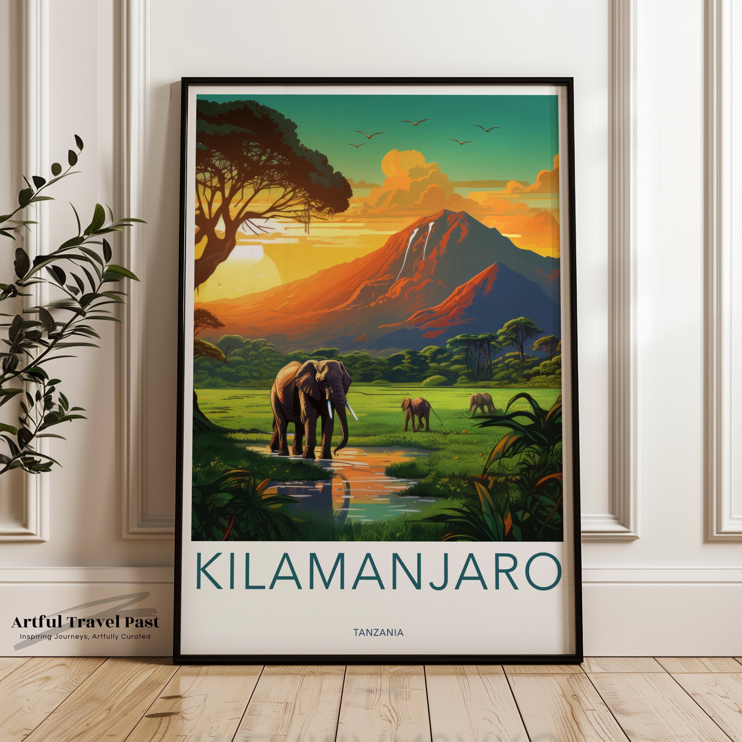 Kilimanjaro Wall Art, African Sunset Landscape Print, Elephant Safari Poster, Tanzania Travel Decor, Nature Wildlife Illustration