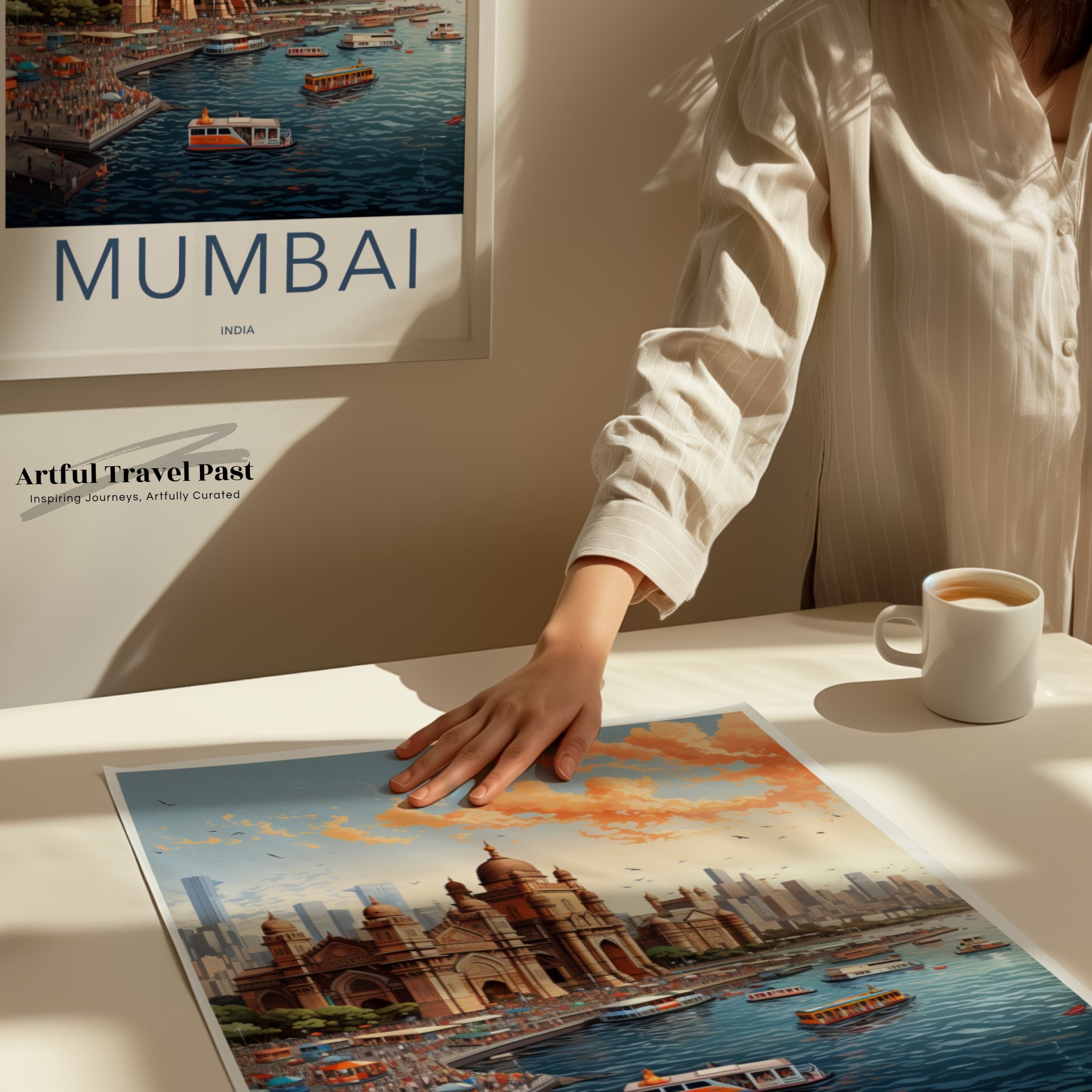 Mumbai India Cityscape Wall Art, Iconic Architecture Print, Vibrant Sunset Skyline, Detailed Harbor Scene, Urban Decor