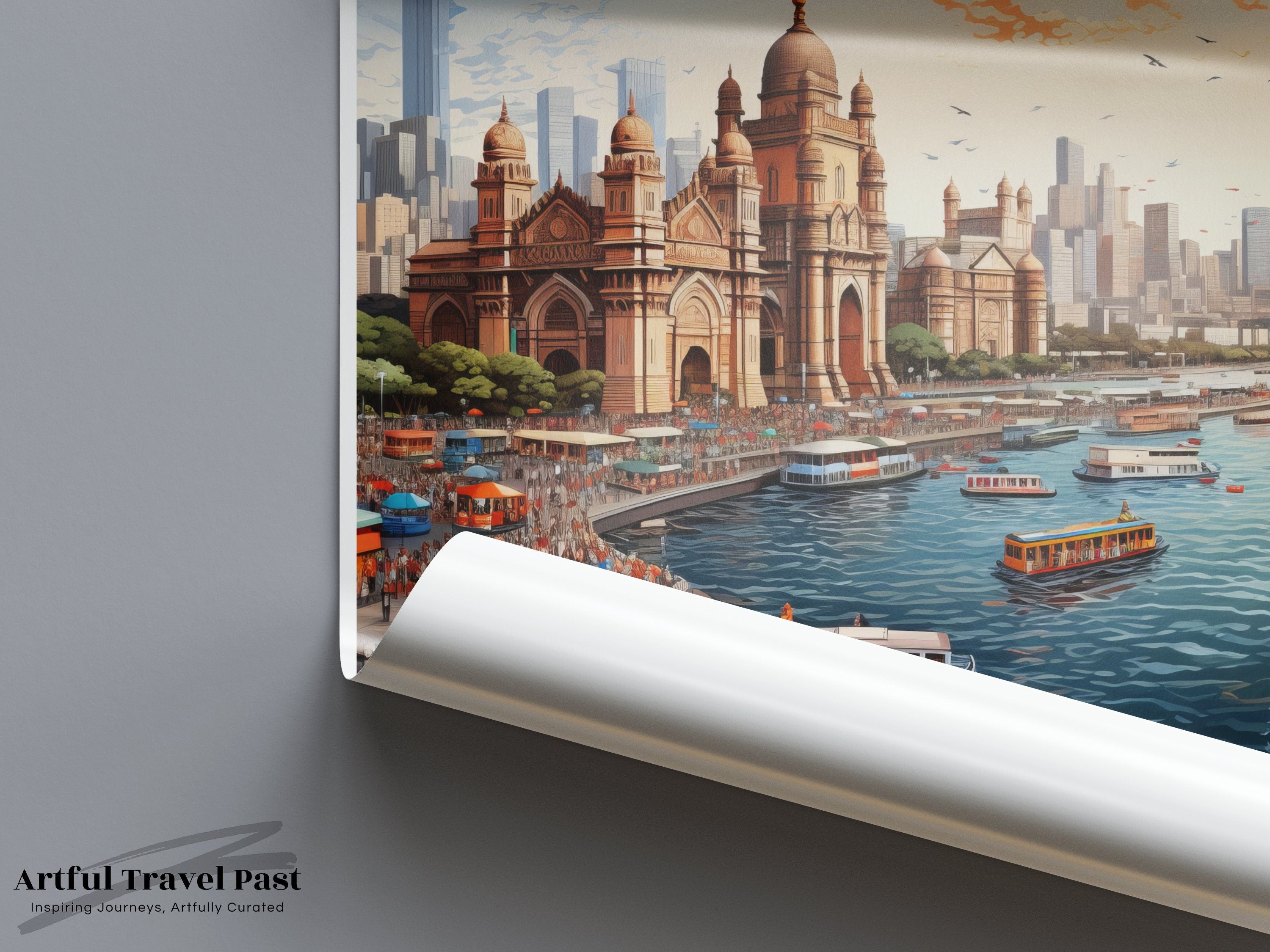 Mumbai India Cityscape Wall Art, Iconic Architecture Print, Vibrant Sunset Skyline, Detailed Harbor Scene, Urban Decor