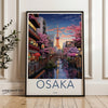 Osaka Japan Wall Art, Cherry Blossom River View, Modern Cityscape Print, Japanese Culture Decor, Travel Poster, Architectural Illustrations