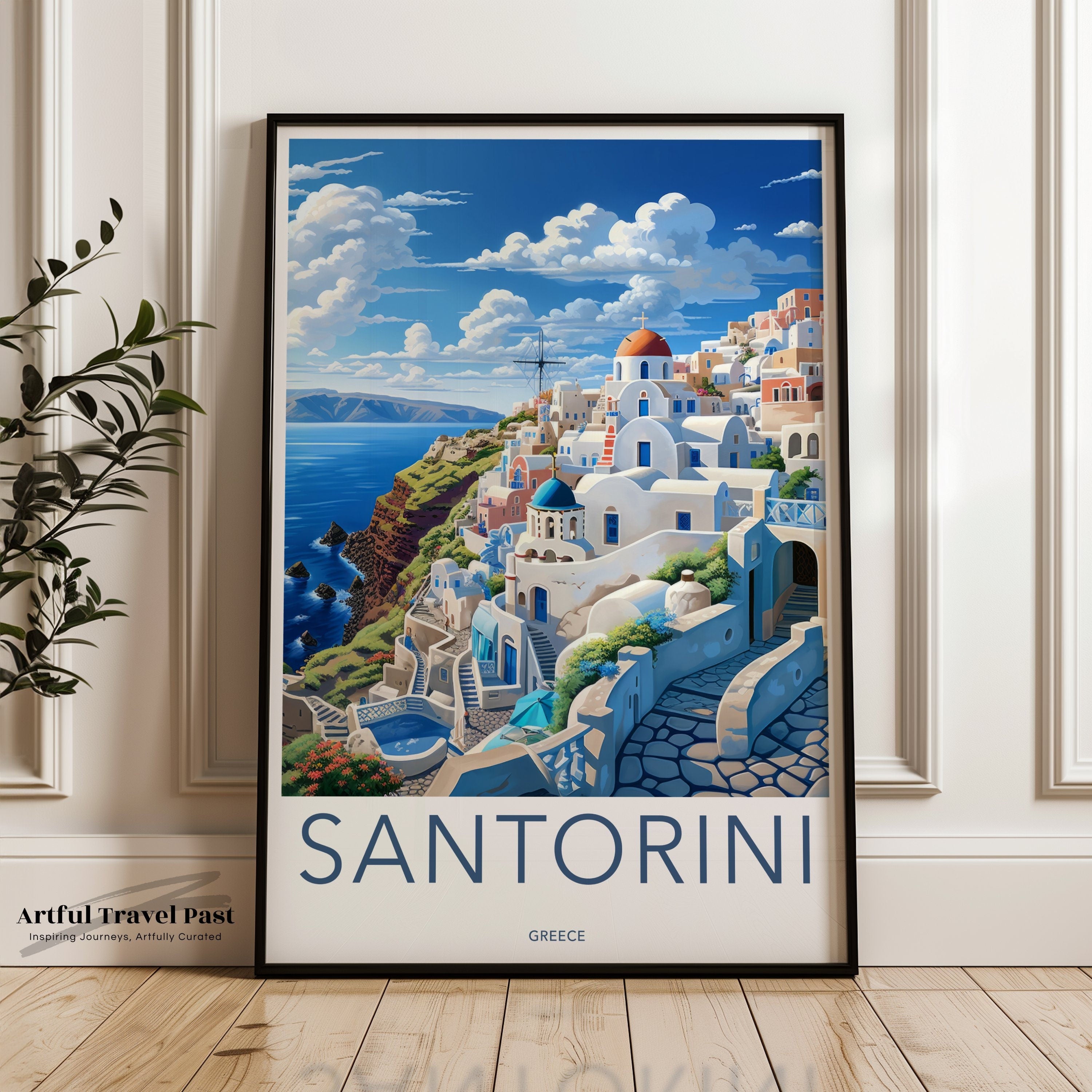 Santorini Wall Art, Greek Island Decor, Mediterranean Canvas Print, Scenic Coastal Painting, Cyclades Architecture Artwork