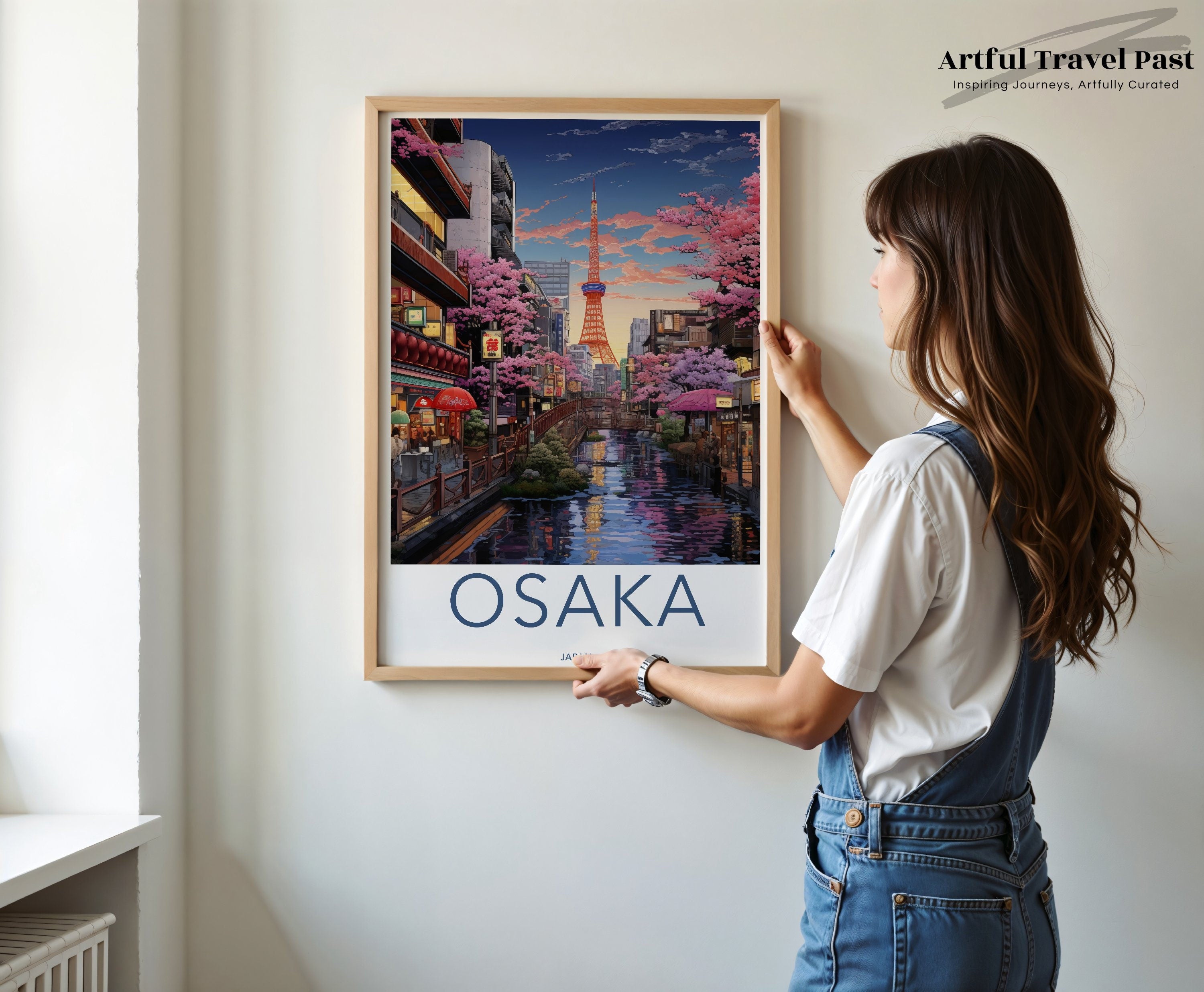 Osaka Japan Wall Art, Cherry Blossom River View, Modern Cityscape Print, Japanese Culture Decor, Travel Poster, Architectural Illustrations