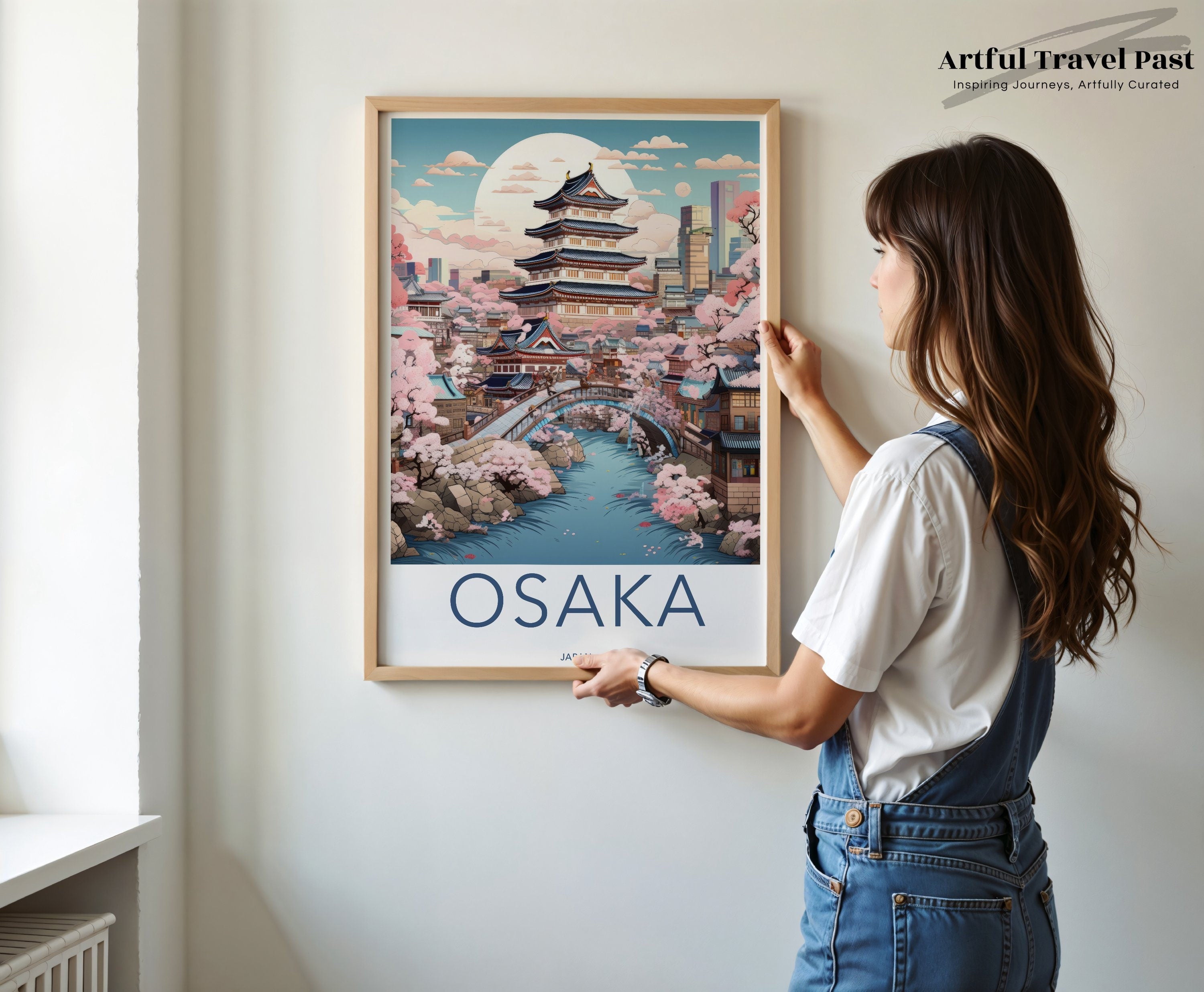 Beautiful Osaka Japan Wall Art, Cherry Blossoms Framed Poster, Japanese Pagoda Decor, Vibrant Urban Landscape Print