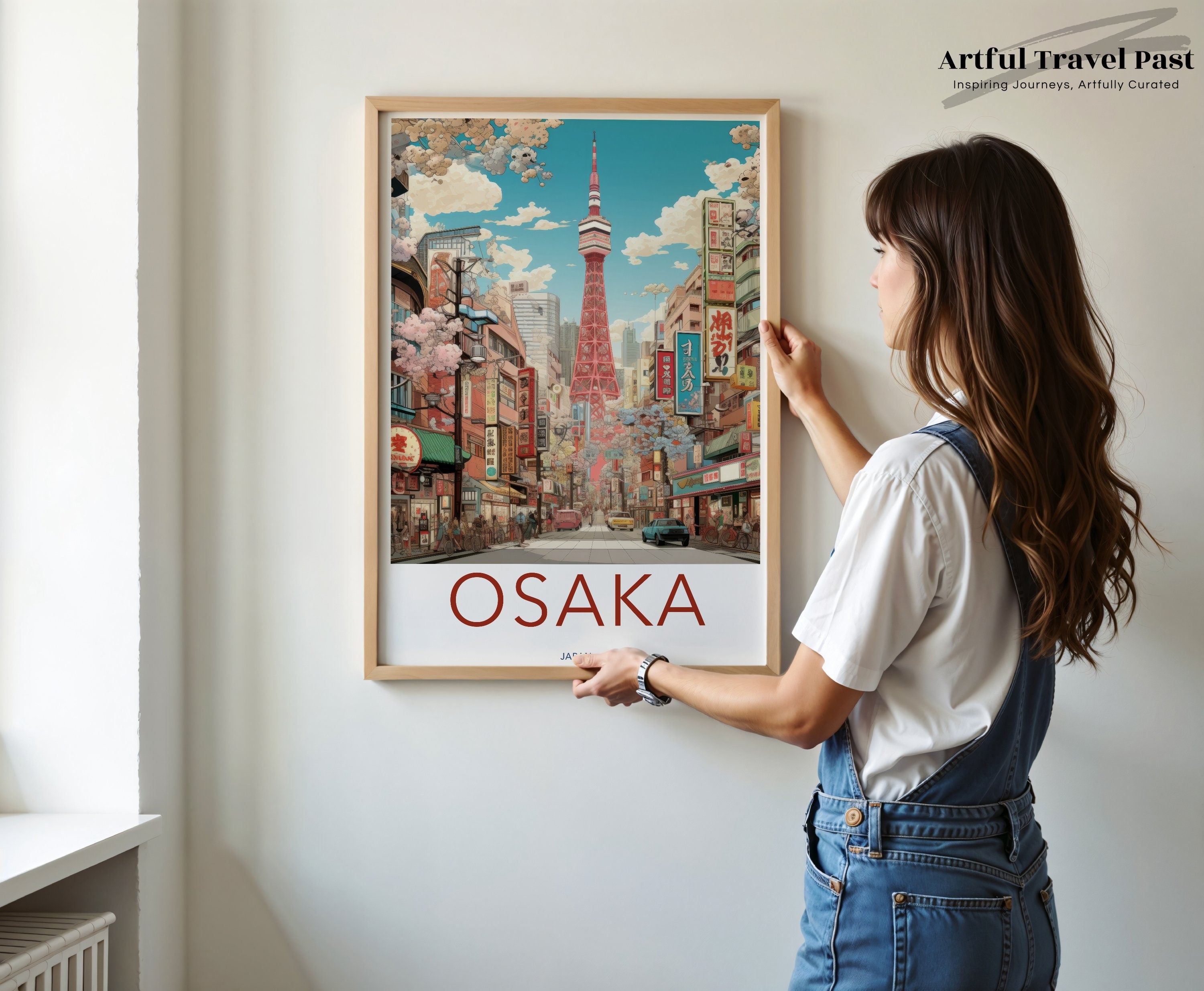 Osaka Cityscape Wall Art, Japanese Architecture Print, Vibrant Urban Decor, Cherry Blossoms, Modern Skyline, Historical Landmarks