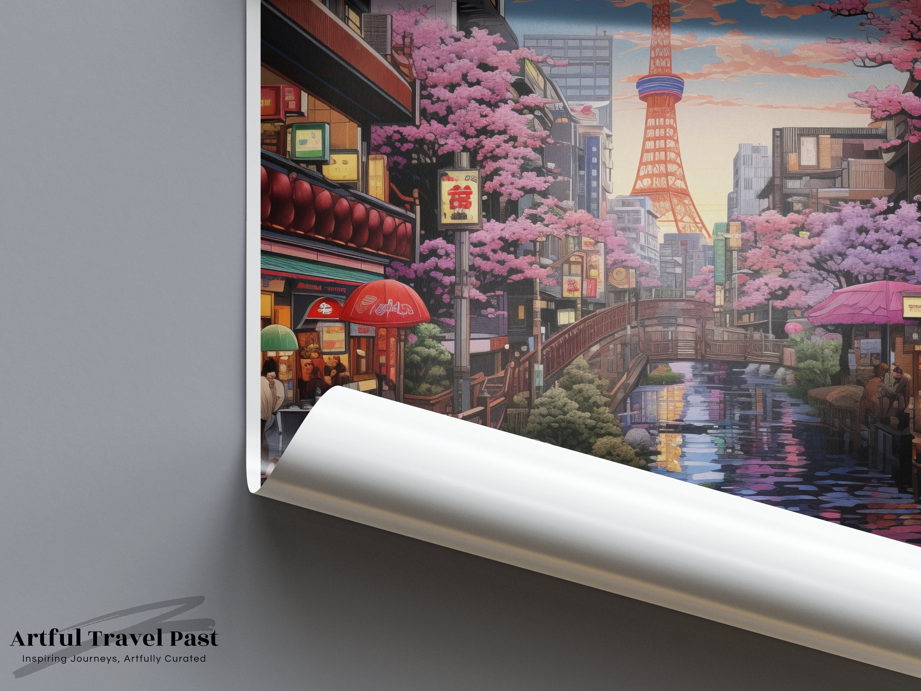 Osaka Japan Wall Art, Cherry Blossom River View, Modern Cityscape Print, Japanese Culture Decor, Travel Poster, Architectural Illustrations