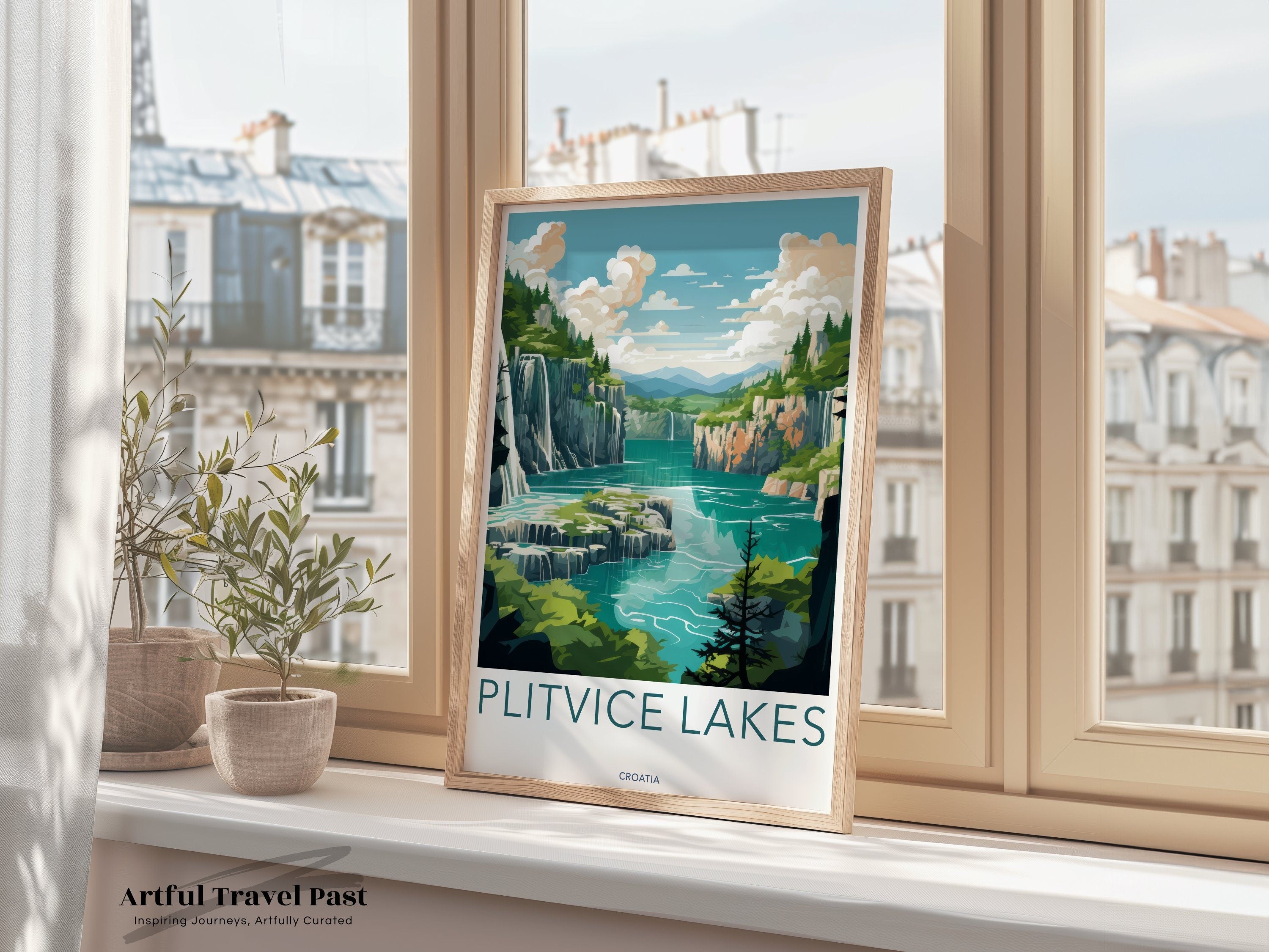 Plitvice Lakes Wall Art, Croatia Travel Poster, Nature Scenic Print, Landscape Wall Decor, National Park Illustration, Waterfall Art