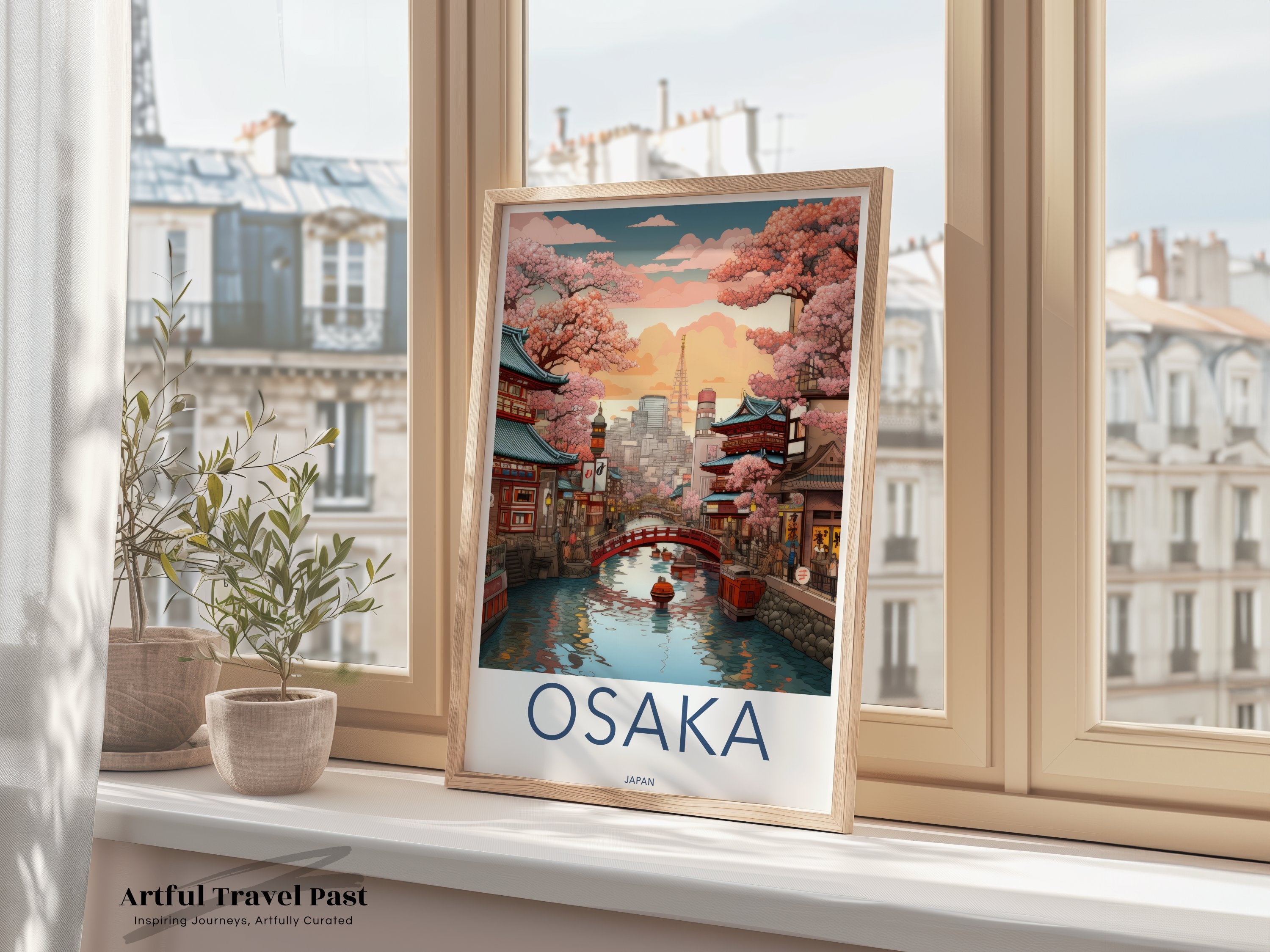 Osaka Cityscape Wall Art Print, Japan Travel Poster, Cherry Blossom Season, Japanese Cultural Decor, Architecture and Nature Artwork