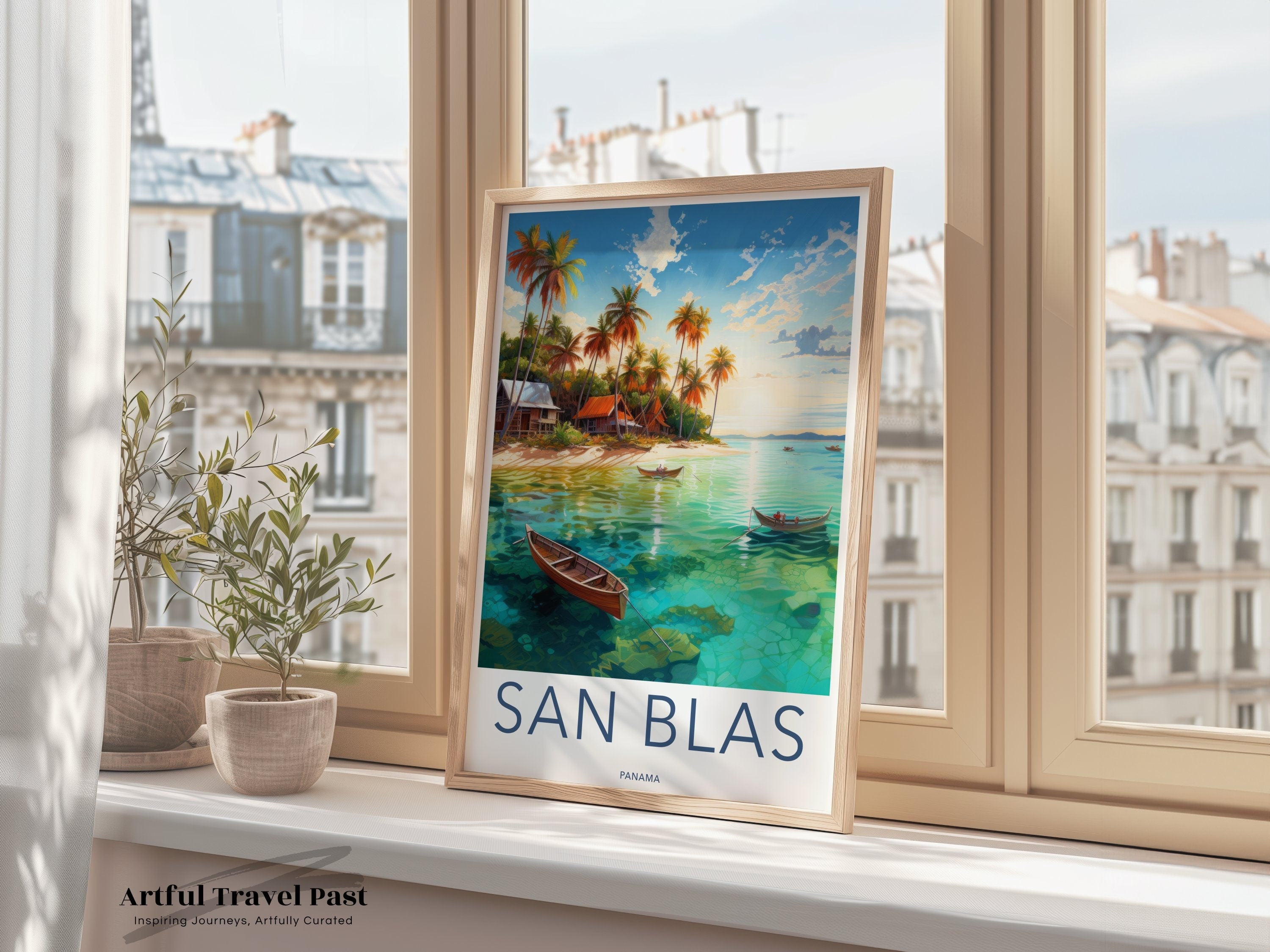 Tropical Paradise San Blas Wall Art, Coastal Scenic Beach View, Panamanian Island Decor, Sunset Reflections, Boat Seaside Poster