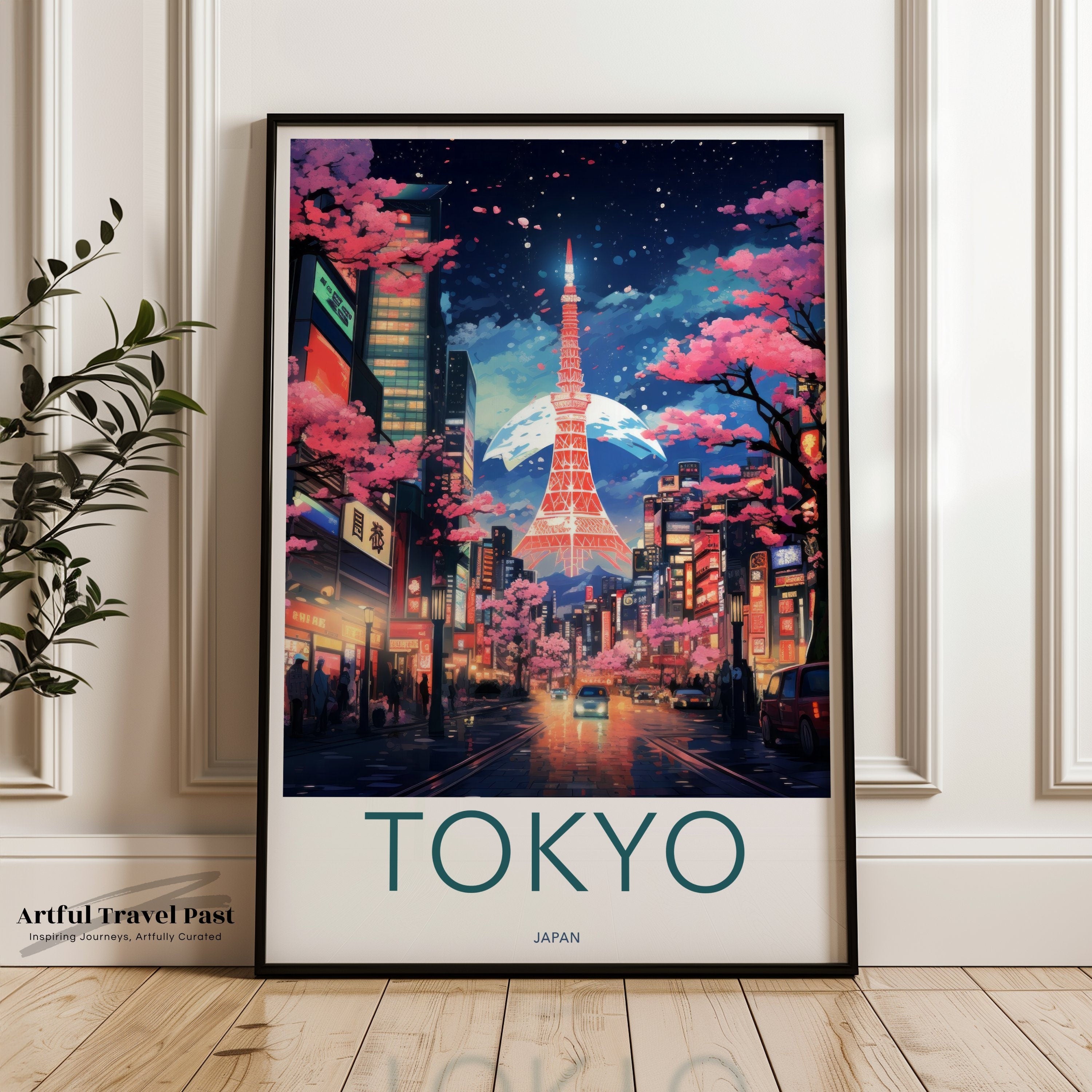 Tokyo Skyline Wall Art, Cherry Blossoms, Tokyo Tower Poster, Vibrant Cityscape Print, Japan Travel Decor, Japanese Culture Artwork