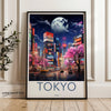 Tokyo Japan Wall Art, Cityscape Poster, Neon Lights Downtown, Modern City Print, Cherry Blossom Street, Moonlit Night Scene, Urban Decor