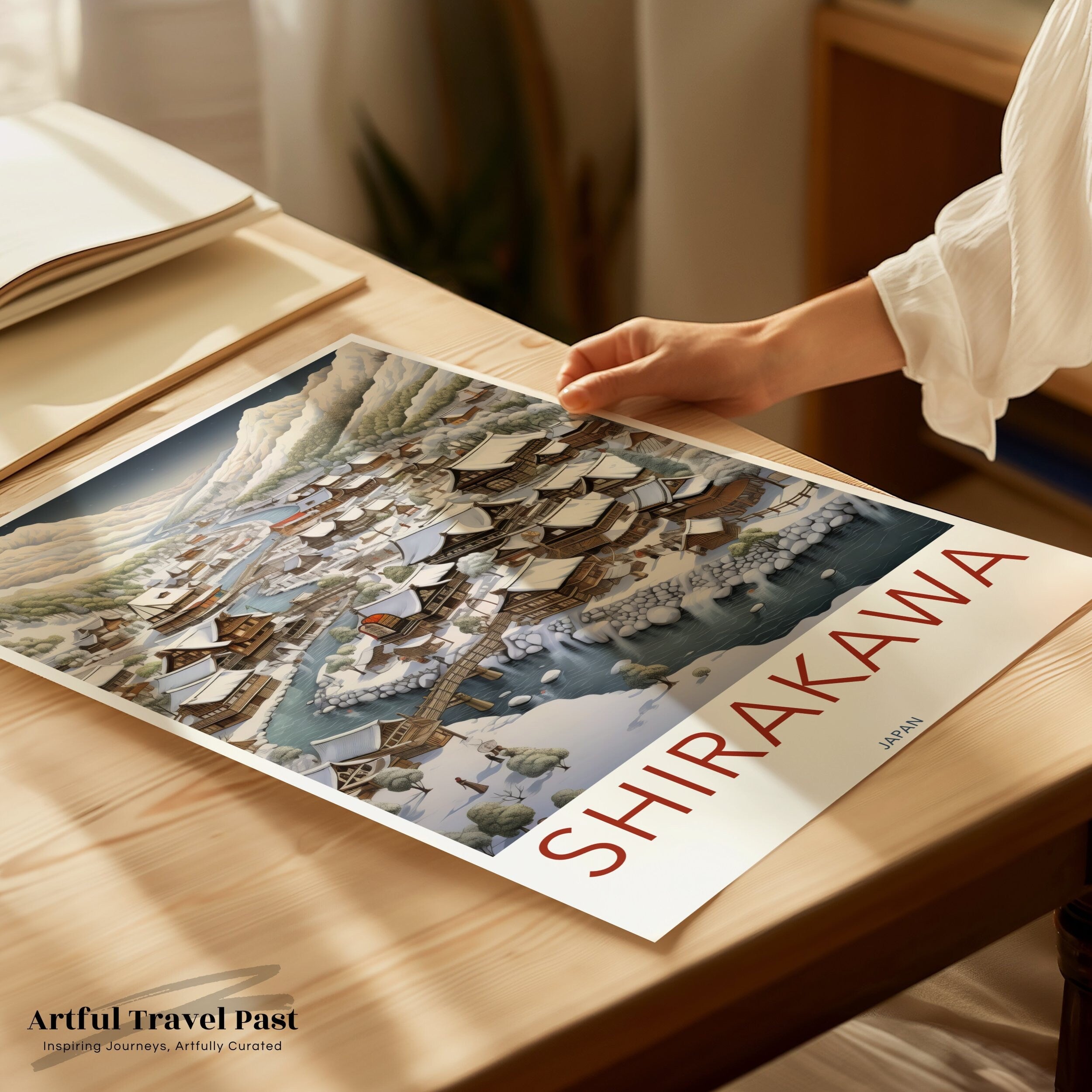 Shirakawa Village Wall Art, Traditional Japanese Architecture Poster, Scenic Winter Landscape Print, Cultural Heritage Artwork