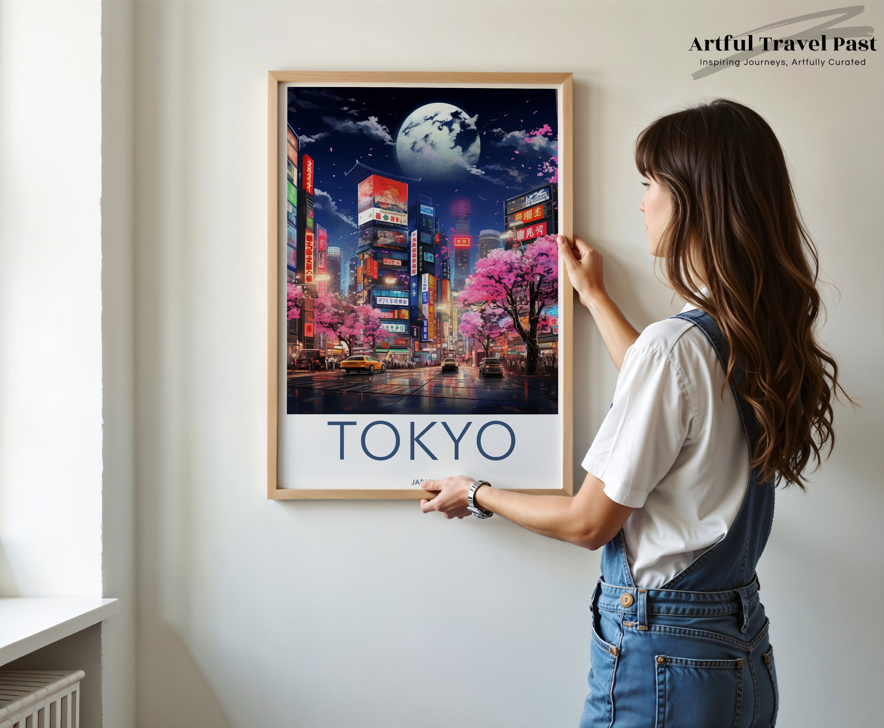 Tokyo Japan Wall Art, Cityscape Poster, Neon Lights Downtown, Modern City Print, Cherry Blossom Street, Moonlit Night Scene, Urban Decor