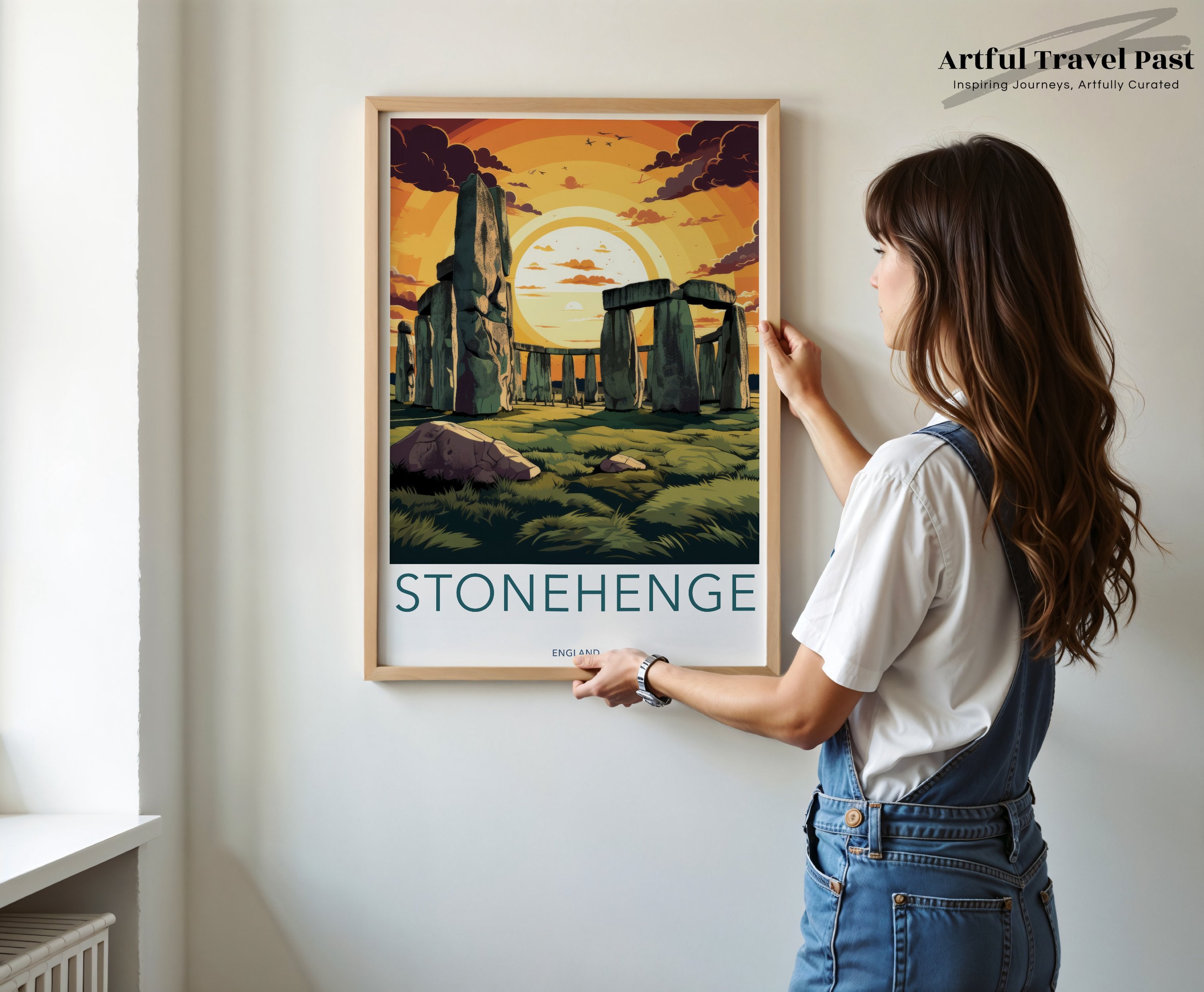 Stonehenge Wall Art Print, Historic Stonehenge Poster, England Travel Decor, British Landmark Artwork, Sunset Stone Circle Illustration