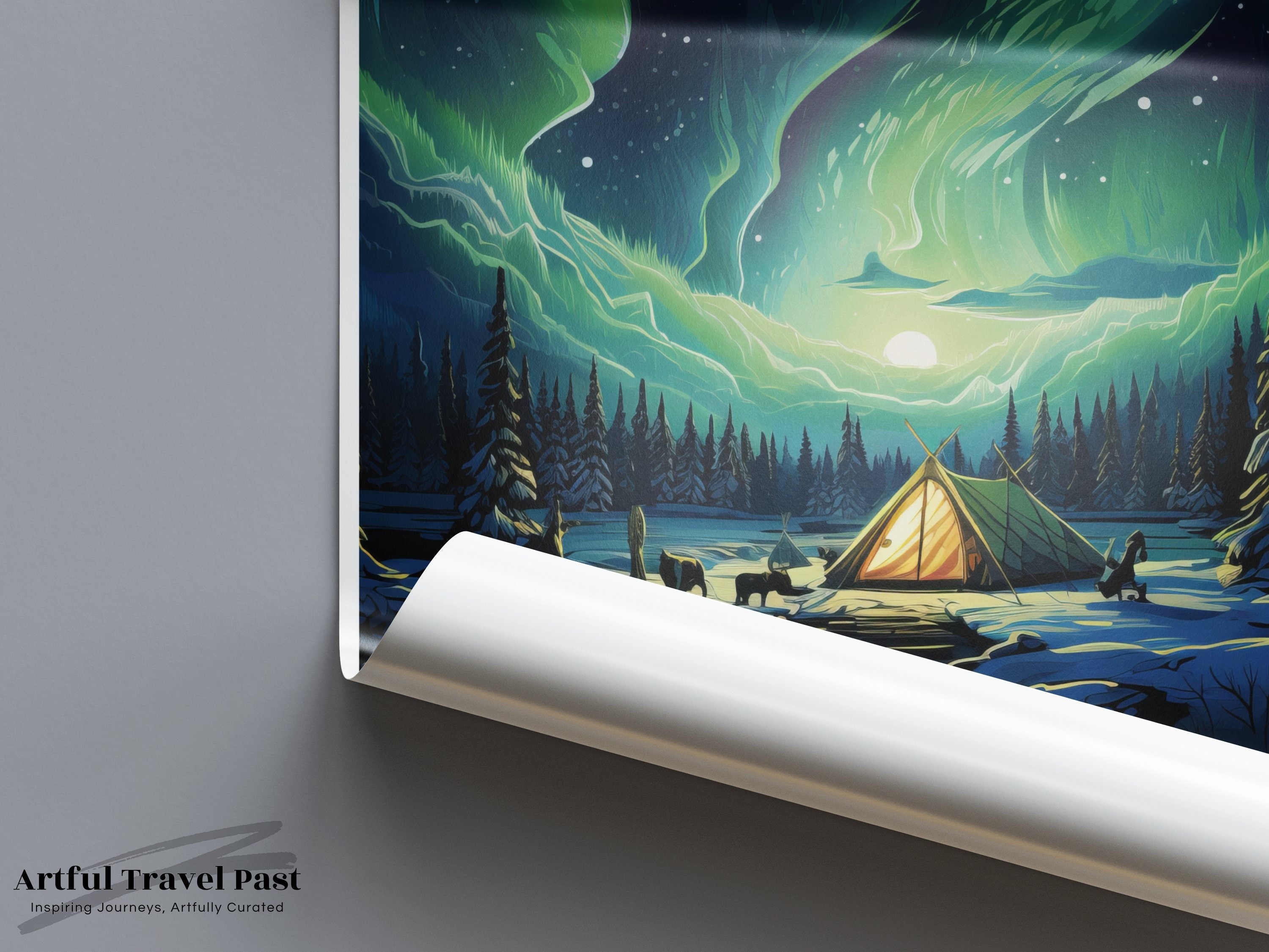 Northern Lights Over Tromsø Wall Art, Norway Scenic Poster, Arctic Circle Night Sky Print, Cozy Campsite Illustration, Nordic Home Decor