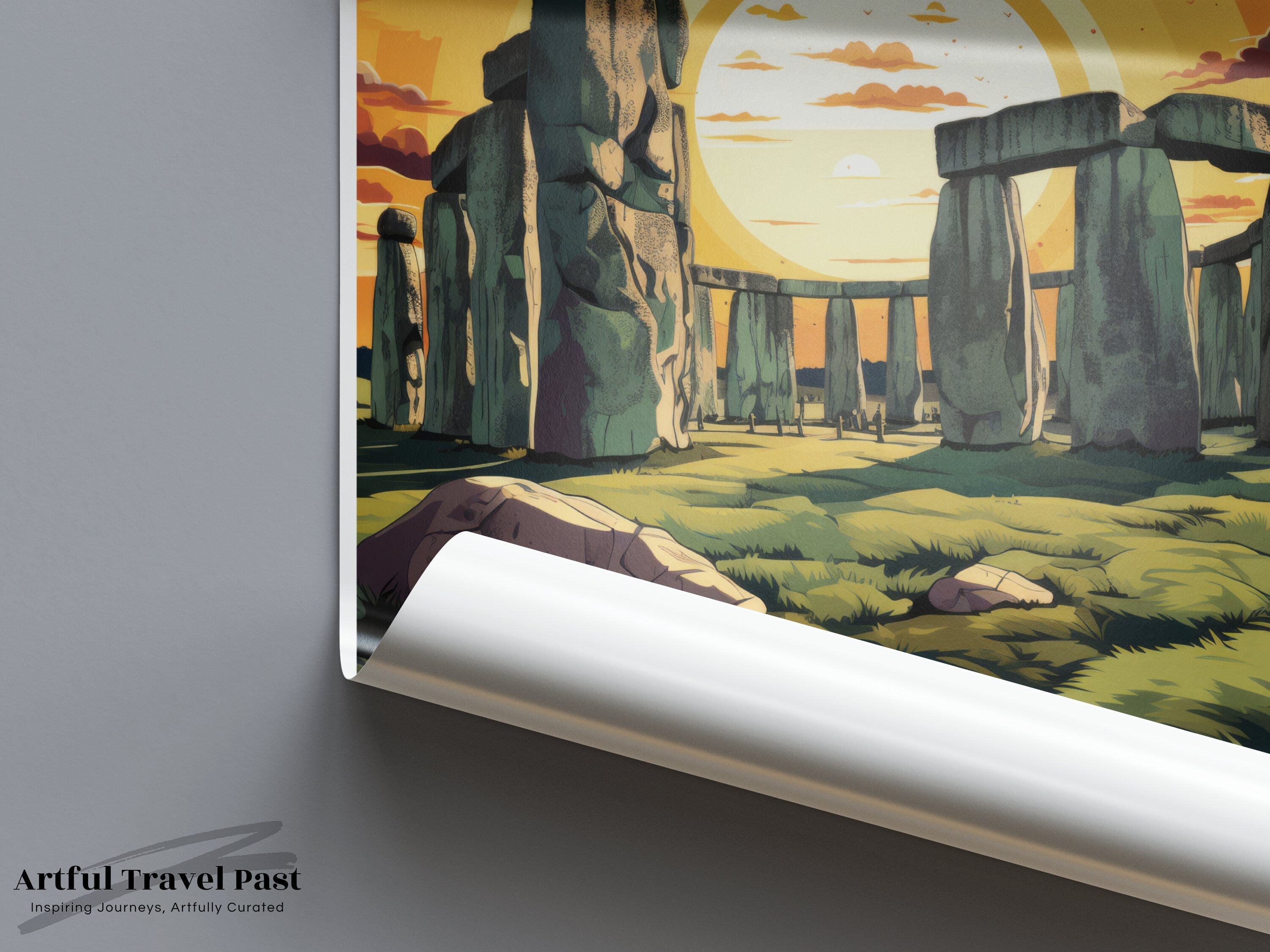 Stonehenge Wall Art Print, Historic Stonehenge Poster, England Travel Decor, British Landmark Artwork, Sunset Stone Circle Illustration