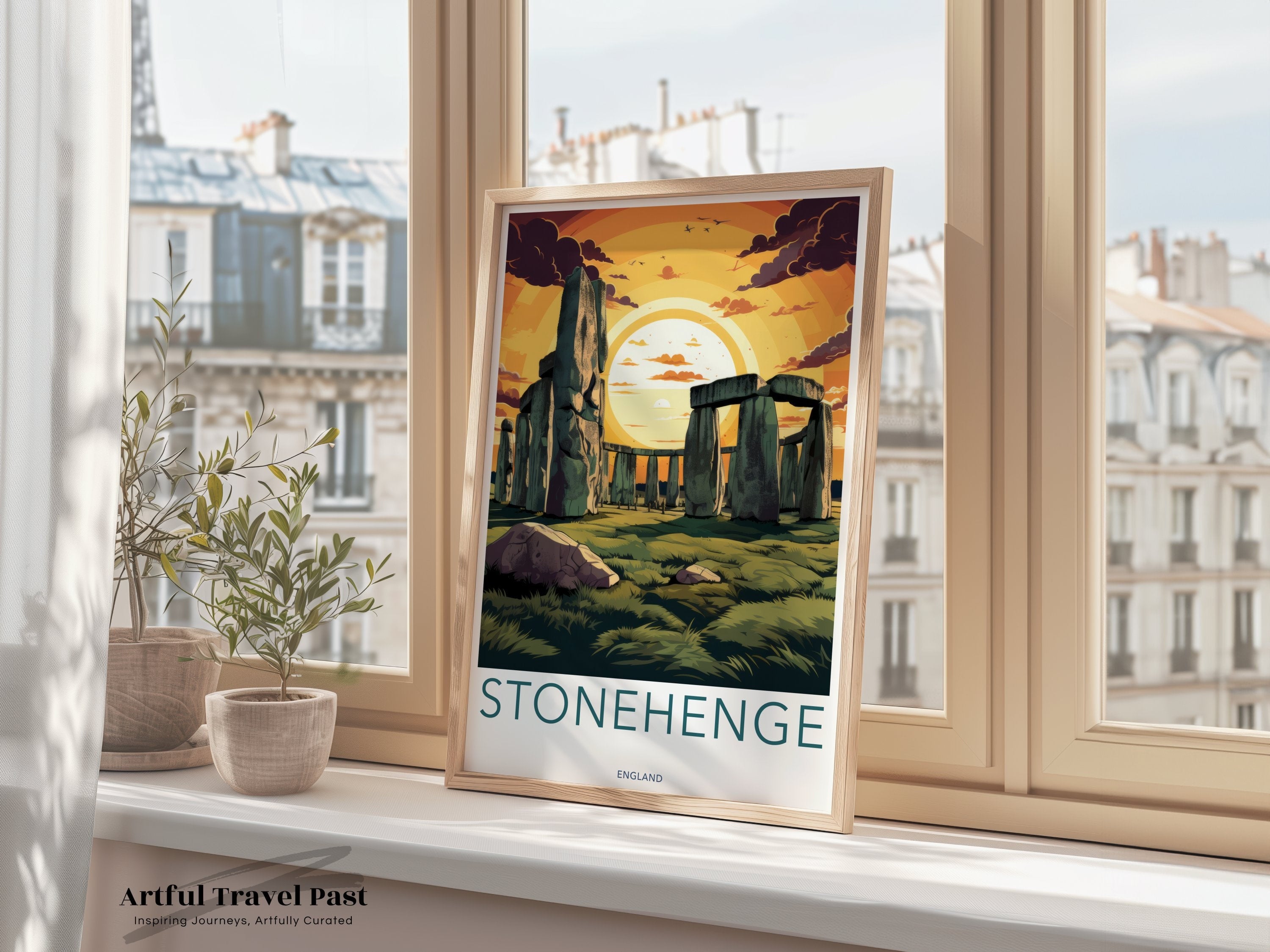 Stonehenge Wall Art Print, Historic Stonehenge Poster, England Travel Decor, British Landmark Artwork, Sunset Stone Circle Illustration