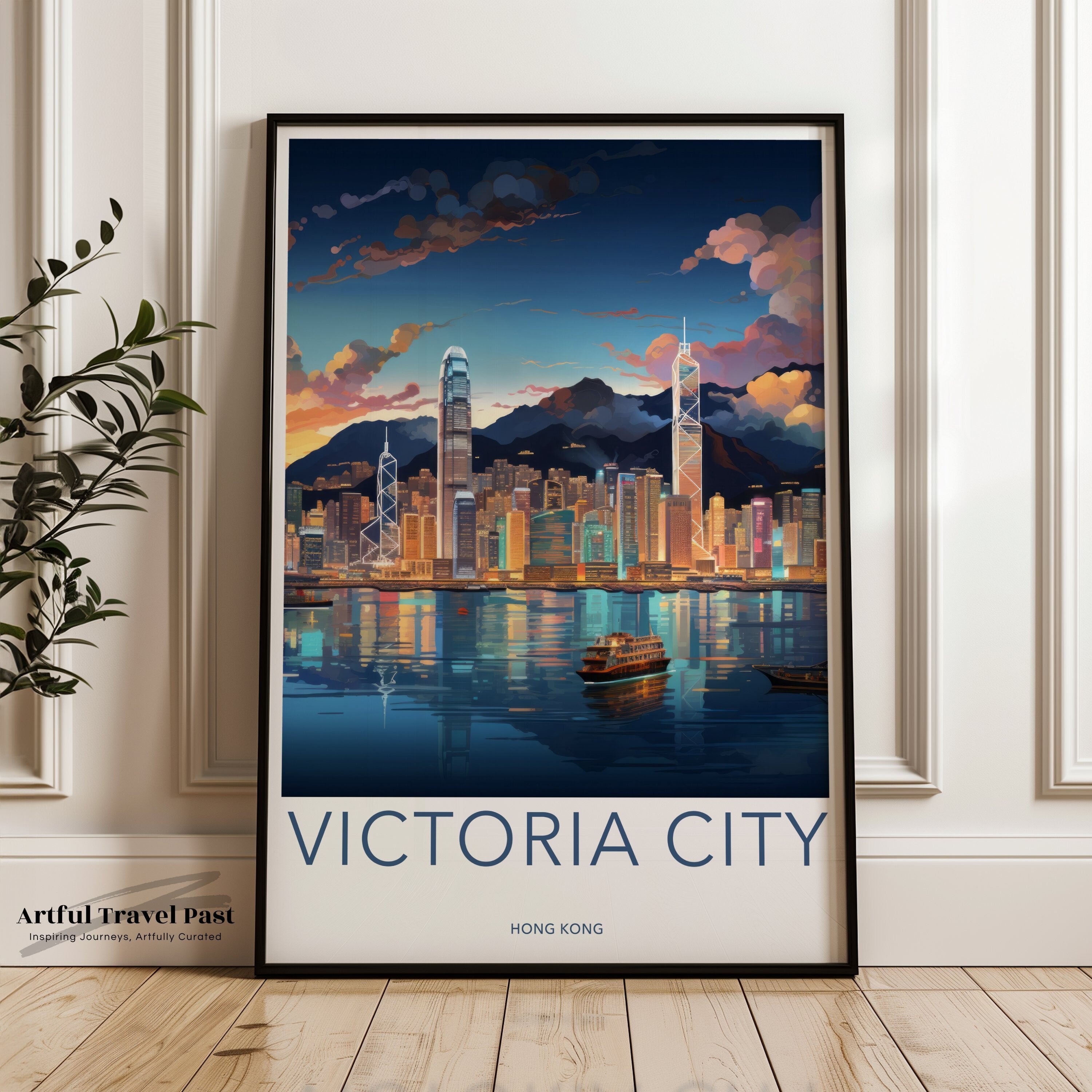 Victoria City Skyline Wall Art, Hong Kong Night View Print, Modern Cityscape Decor, Urban Landscape Poster, Hong Kong Art Print