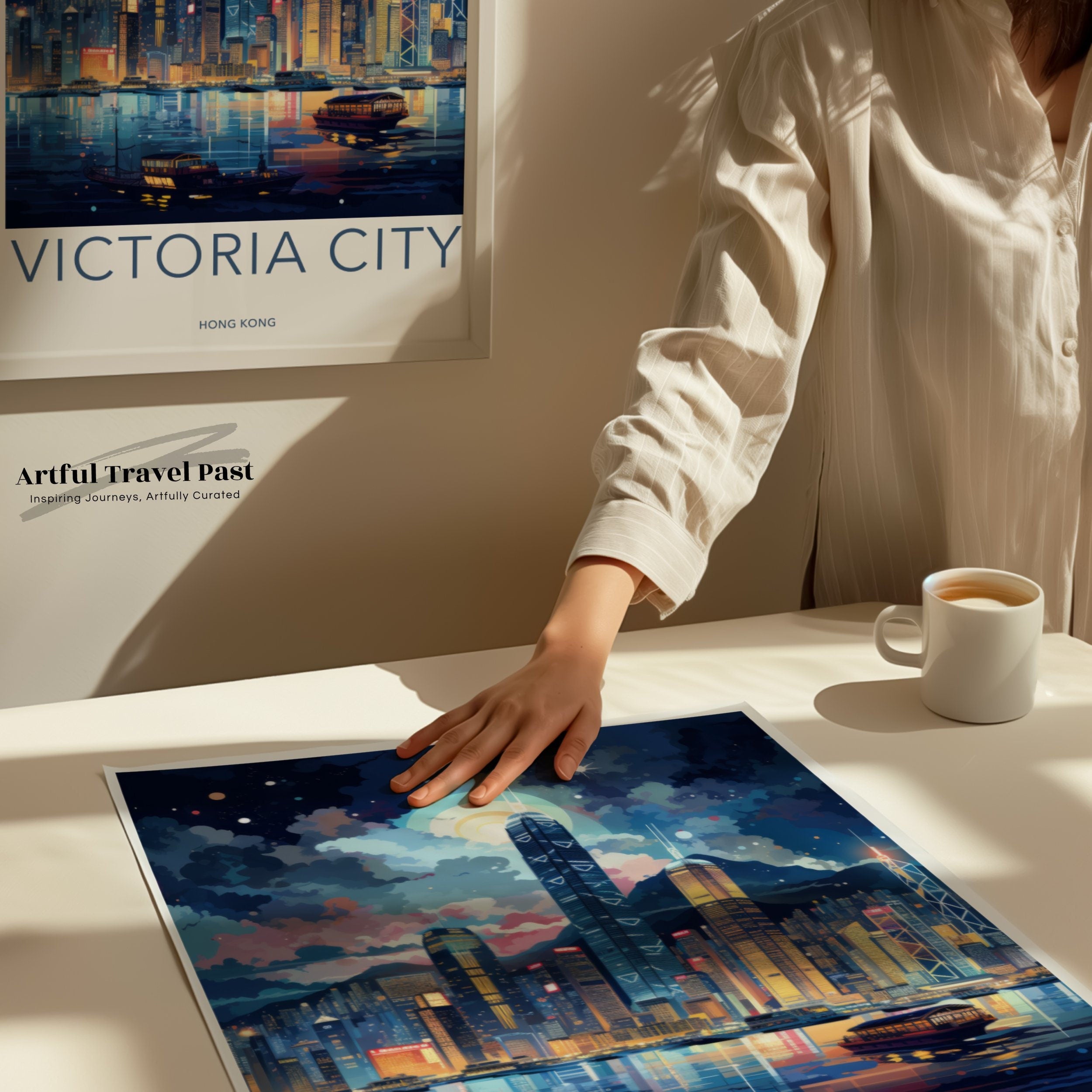 Victoria City Skyline Wall Art, Hong Kong Night View, Modern Cityscape Print, Vibrant Urban Poster, Illuminated Skyscrapers Decor