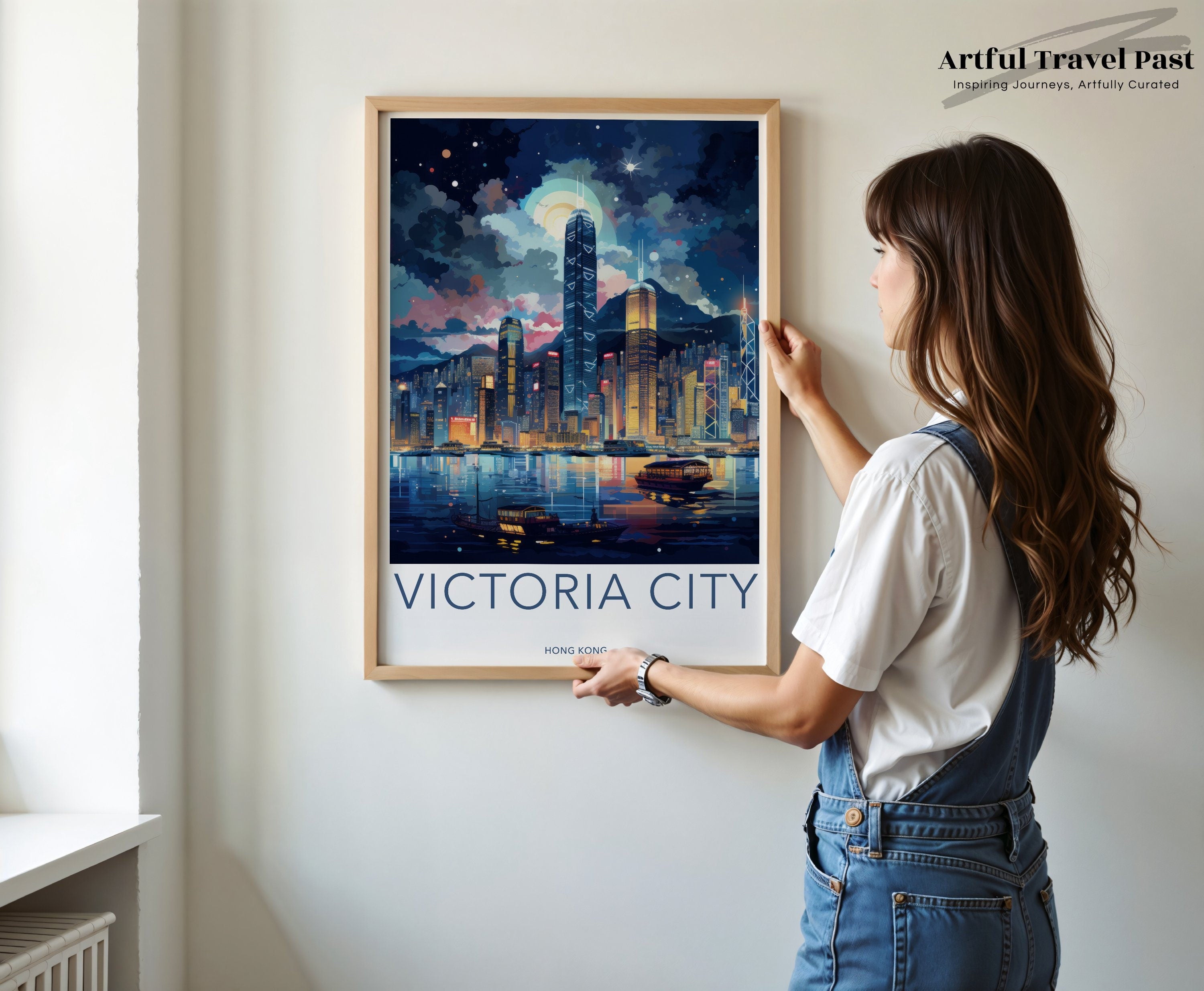 Victoria City Skyline Wall Art, Hong Kong Night View, Modern Cityscape Print, Vibrant Urban Poster, Illuminated Skyscrapers Decor